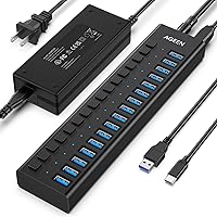 AGEEN 16-Port USB 3.2 Gen 2 Hub 10Gbps Powered Aluminum Hub with 96W Adapter, Individual Switches, Surge Protection for PC Laptop