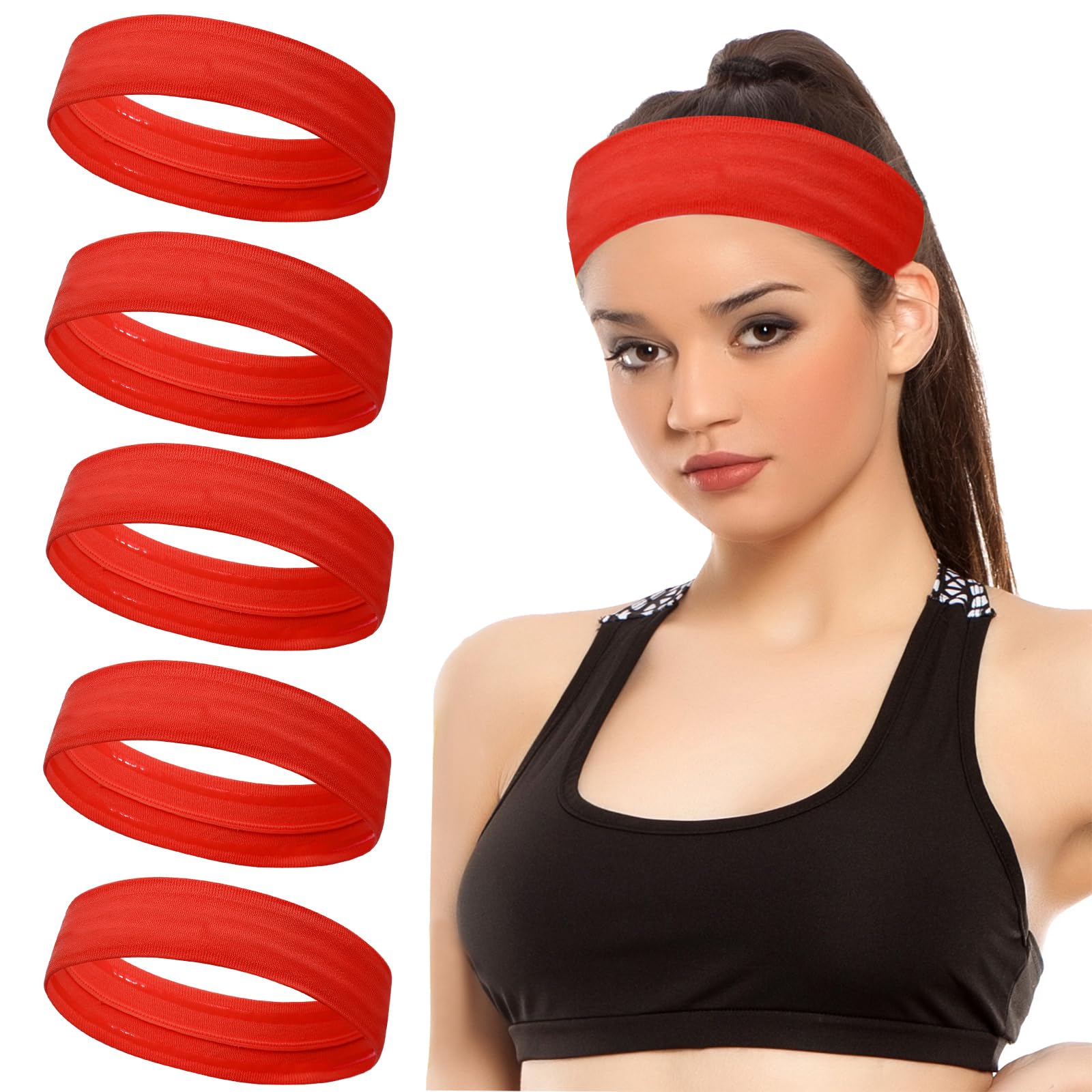 ONEYE Red Workout Headbands for Women,Moisture Wicking Non Slip,5PCS