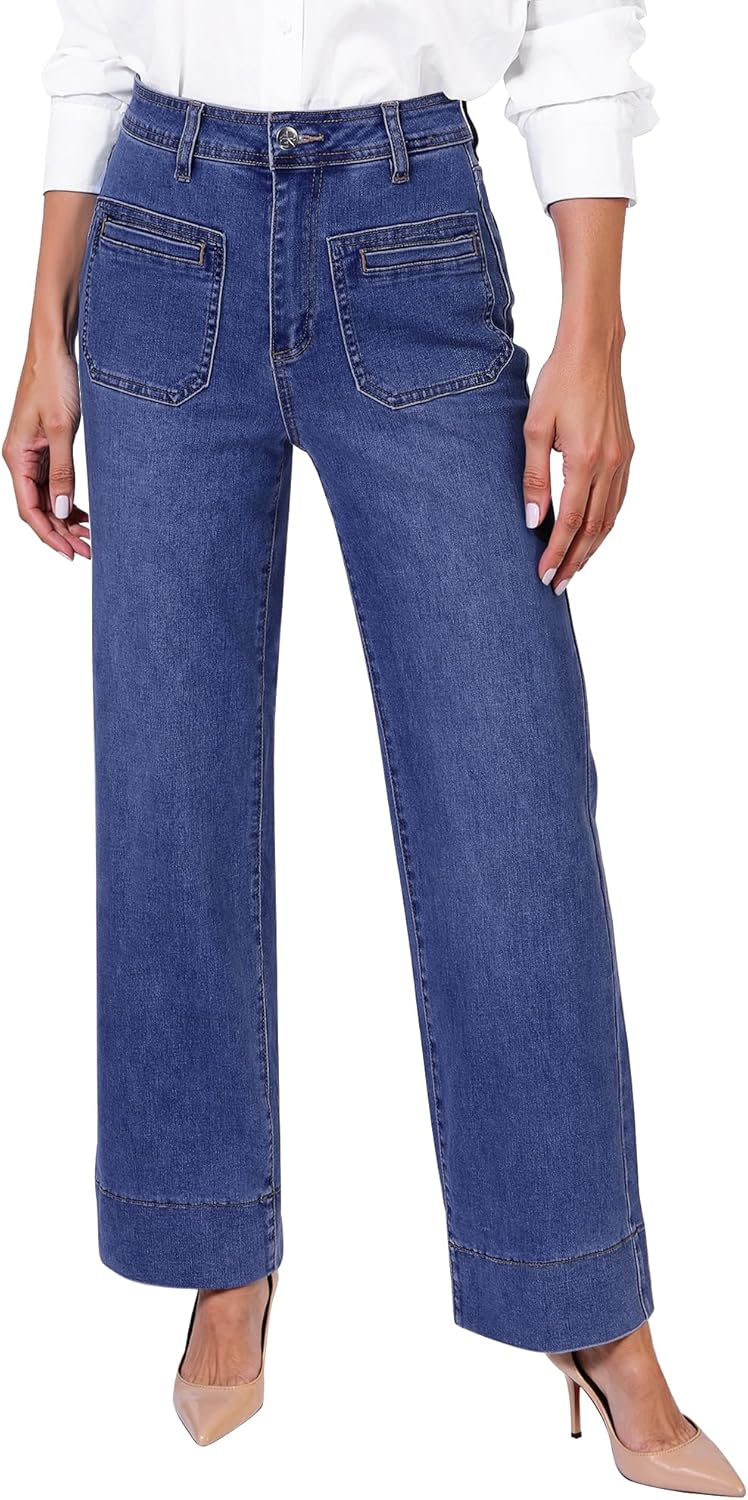 GRAPENT Wide Leg Jeans Woman Trendy High Waisted Patch Pocket Stretchy Denim Pants Vintage Casual Trouser Jeans