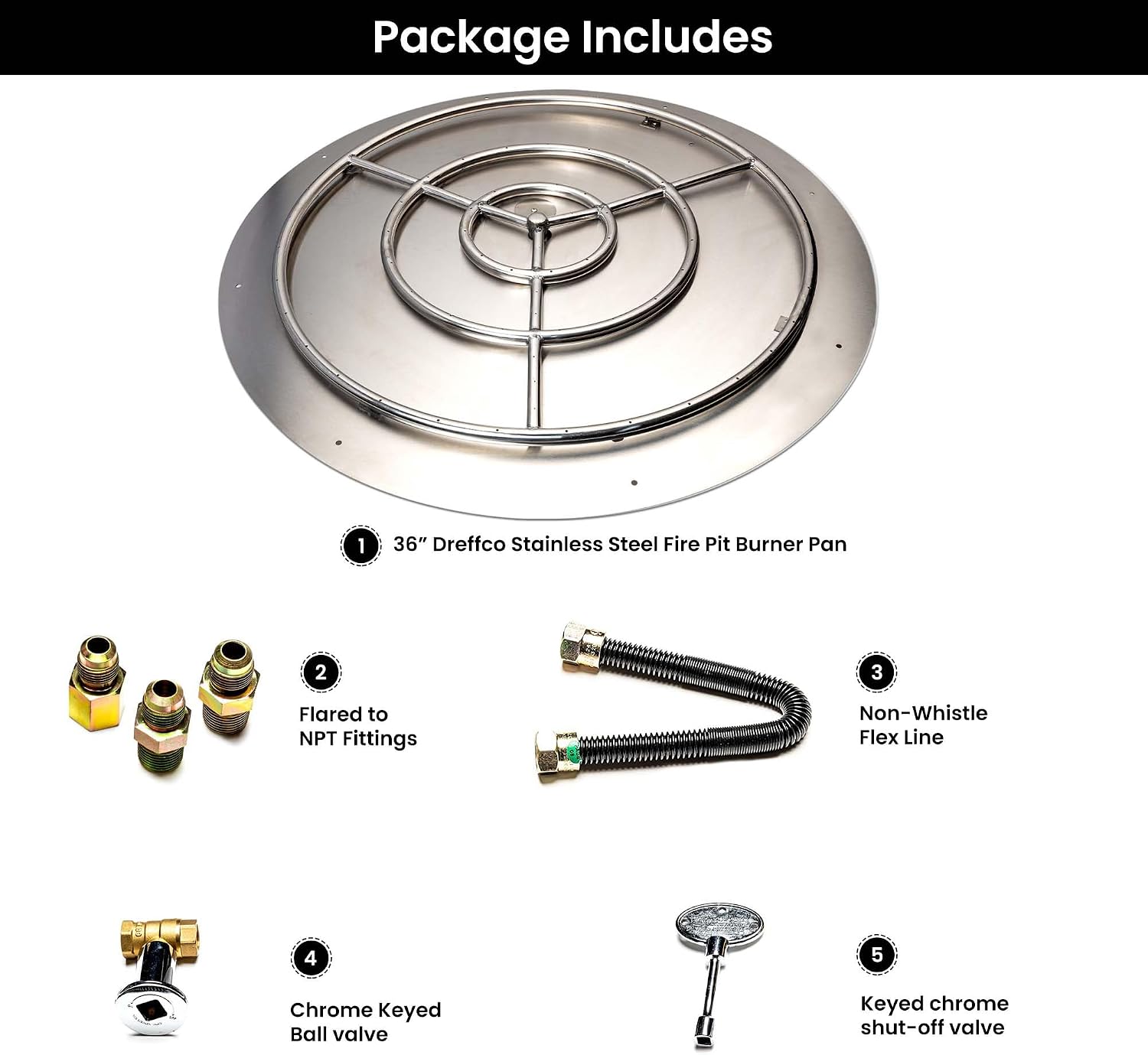 Stainless Steel Fire Pit Burner Pan & Ring Standard Kit – Stainless Steel, for Natural Gas Fire Pits, 36-Inch Burner Pan, 30-Inch Burner Ring, 200,000 BTU Max Output
