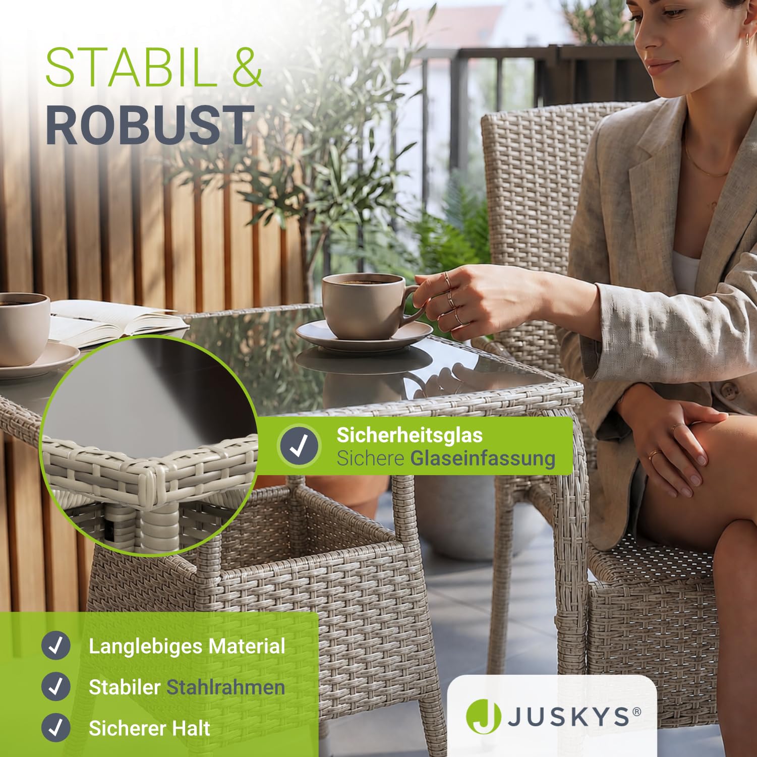 Juskys Polyrattan Gartentisch Yoro wetterfest - Balkontisch 60x60 cm eckig - Rattan Beistelltisch mit Glasplatte - Kleiner Tisch für Balkon - Grau