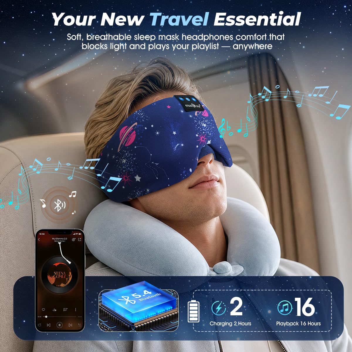 MUSICOZY Máscara de seda para dormir, 100% opaco, 3D, con auriculares, color azul