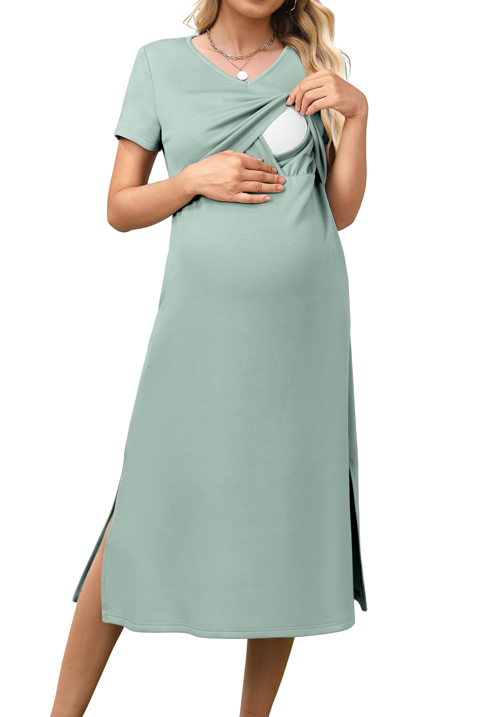 OUGES Damen Sommer Stillkleid Midi Kurze Ärmel Umstandskleid Festlich V-Ausschnitt Umstandsmode mit Taschen