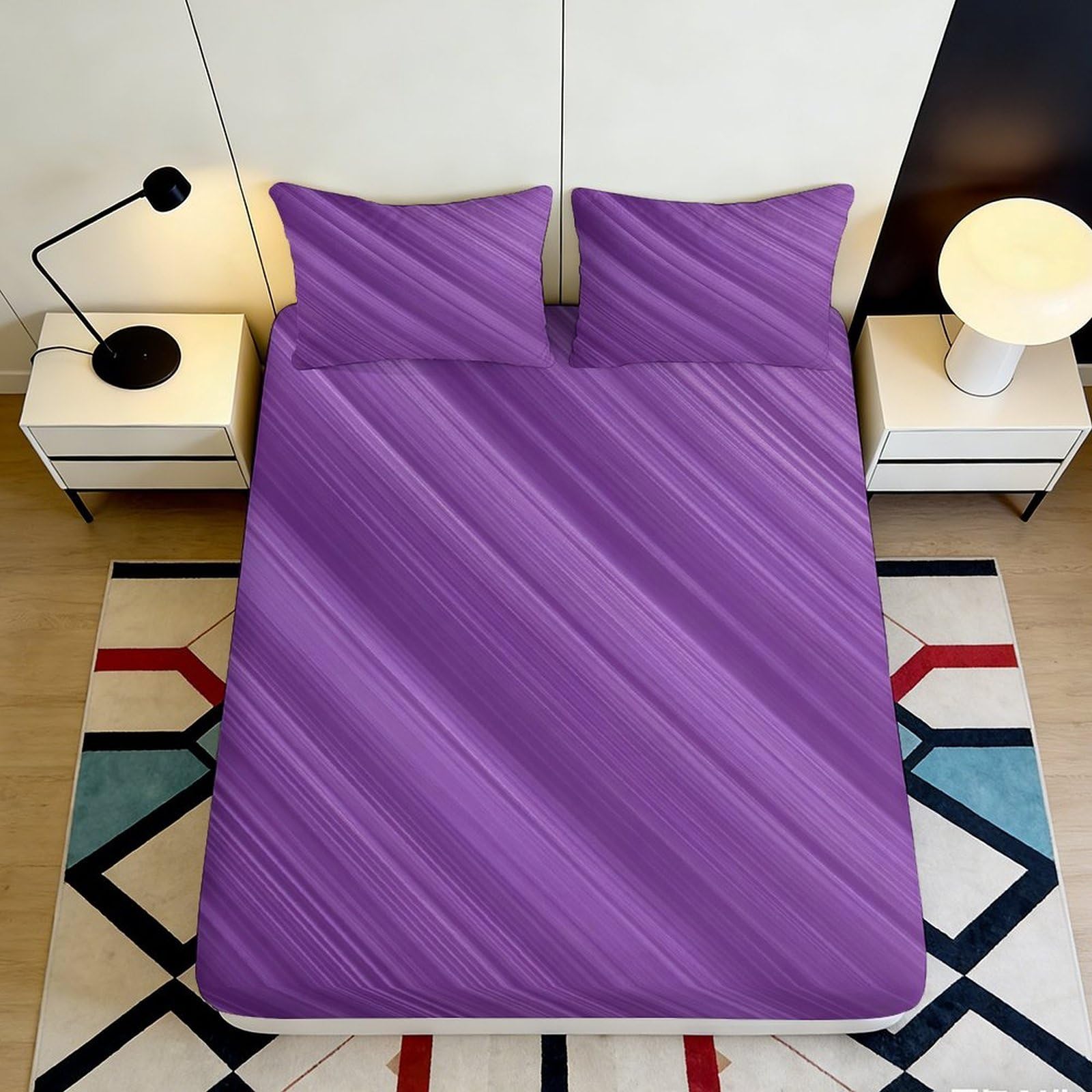 3D Printed Striped Purple Fitted Sheet Microfiber Deep Pocket Non-Slip Bedroom Bedding Striped Mattress Fitted Cover Washable for All Ages 90x200x25cm