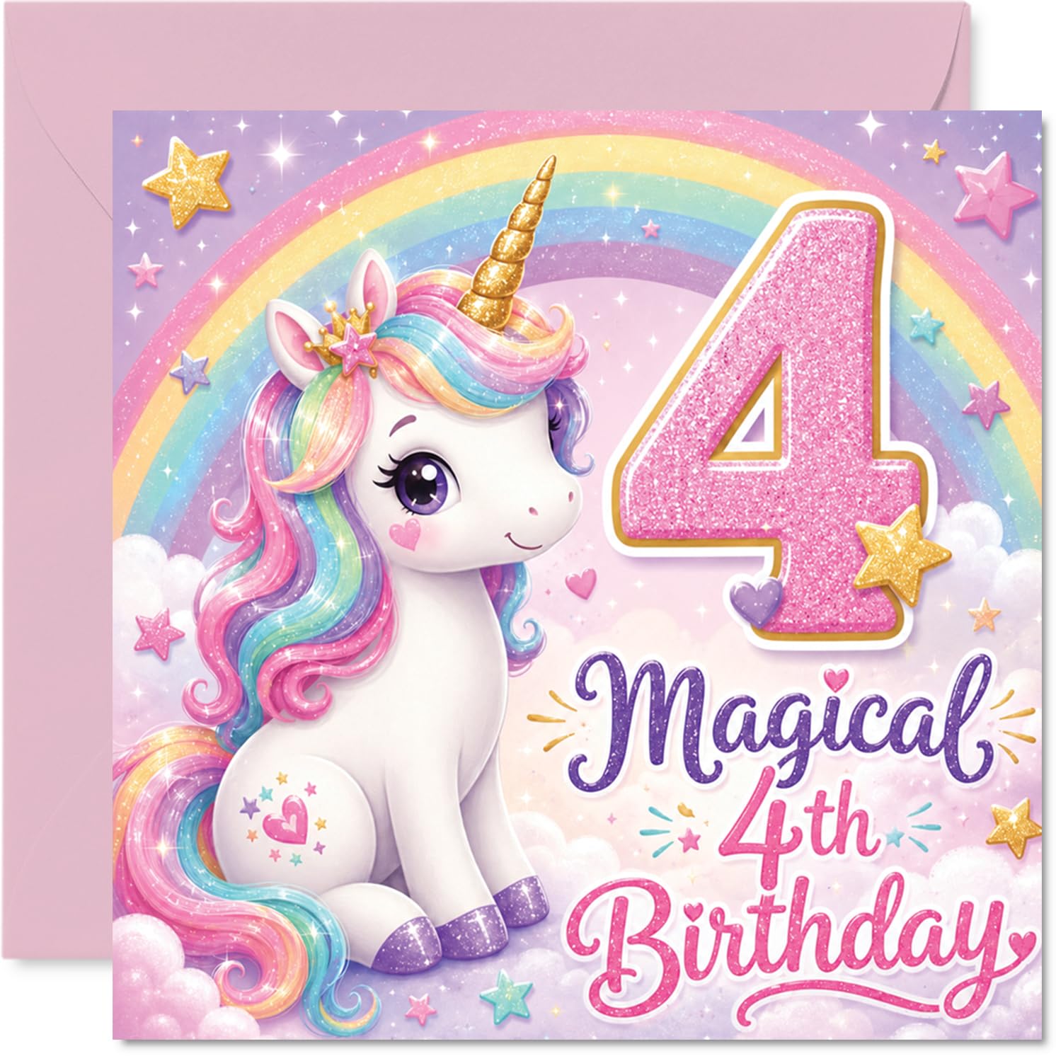 Cute 4th Birthday Card - Sprinkle Some Birthday Magic - Pastel Unicorn and Rainbow with Glittery Number 4-145mm Square, Envelope Included