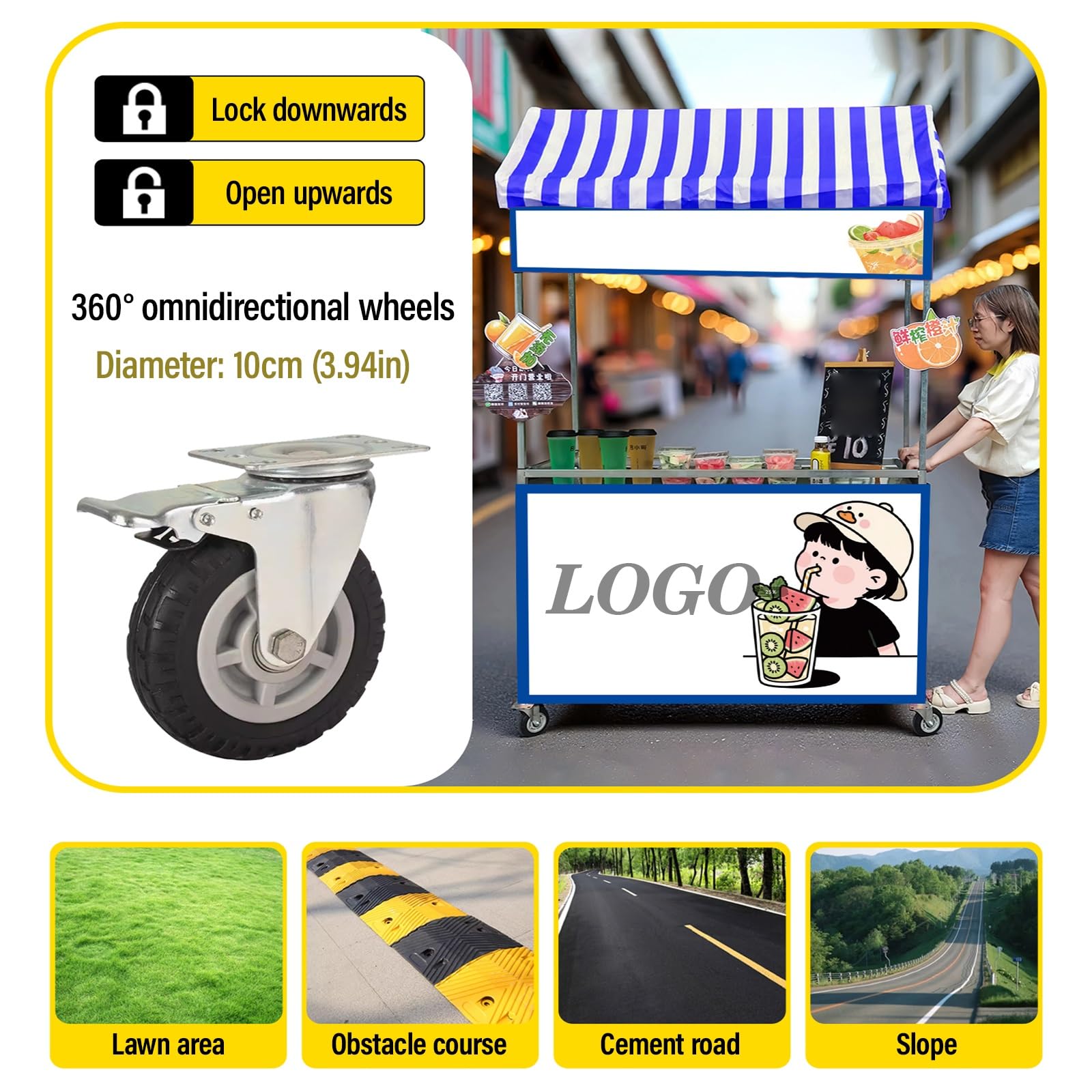 Carrello Da Vendita Mobile Per Esterni Con Tetto A Strisce, Banco Pieghevole Per Street Food, Snack E Bevande, Doppio Ripiano E Ruote Bloccabili, Ideale Per Mercatini Ed Eventi Pop-up
