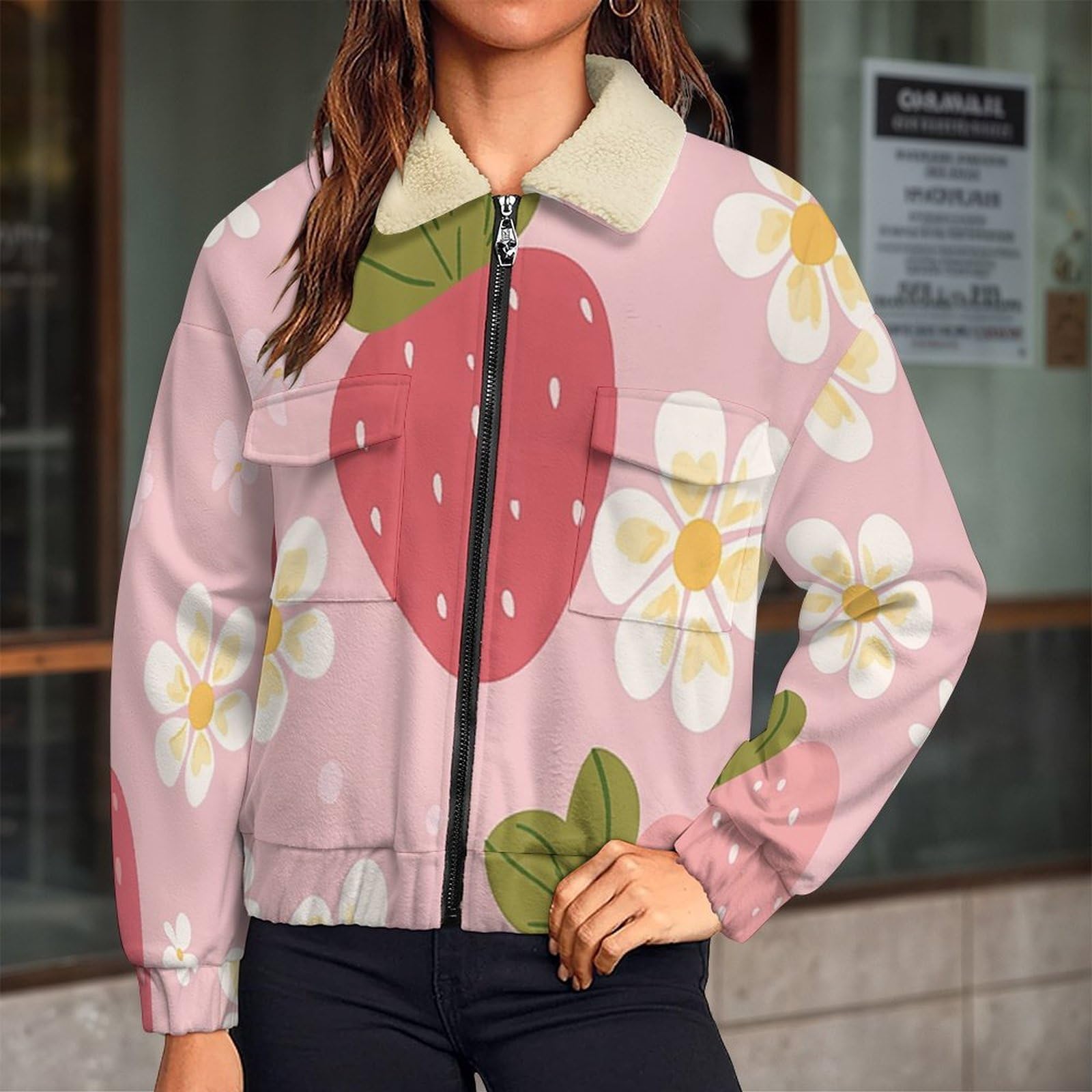 Donna Pile Stampa geometria Caldo con Cerniera, Giacca da Camera Invernale Corta Pile Giacche, Fiori fragola Cappotto In Peluche Sherpa Giubbotto Fleece Comoda