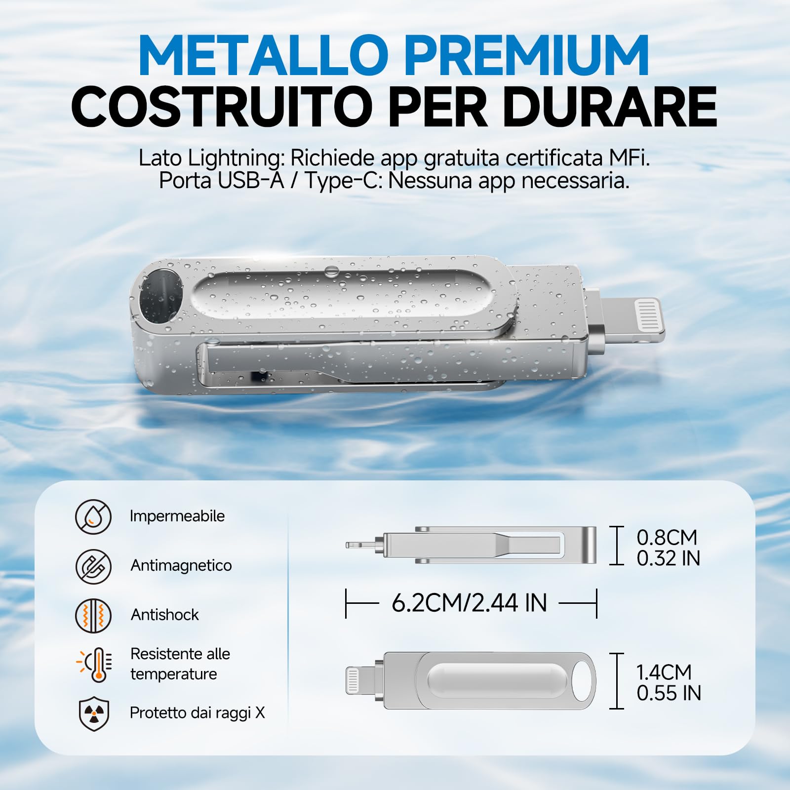 Chiavetta USB 64 GB per iPhone – Pendrive 3 in 1 con Adattatore Type C MFi Certificata Pennetta USB con Lightning, USB A 3.0, USB C, 360° Girevole in Metallo per iPhone, iPad, Mac, PC e Android