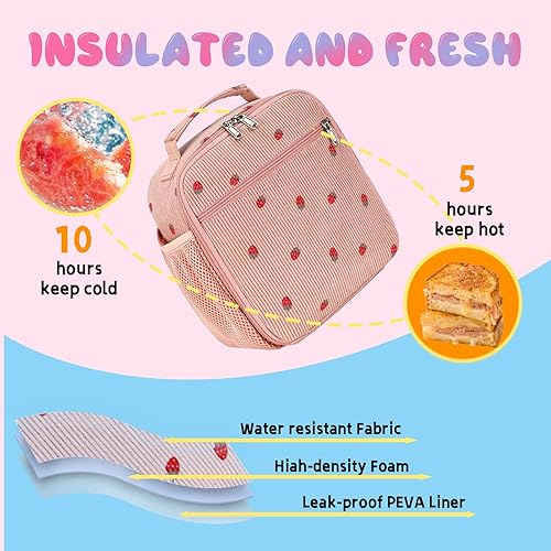 Miniatura 3 de LEDAOU Lonchera para niños, bolsa de almuerzo aislada, linda, reutilizable, para niños pequeños, para viajes escolares, o pícnic (rosa fresa)
