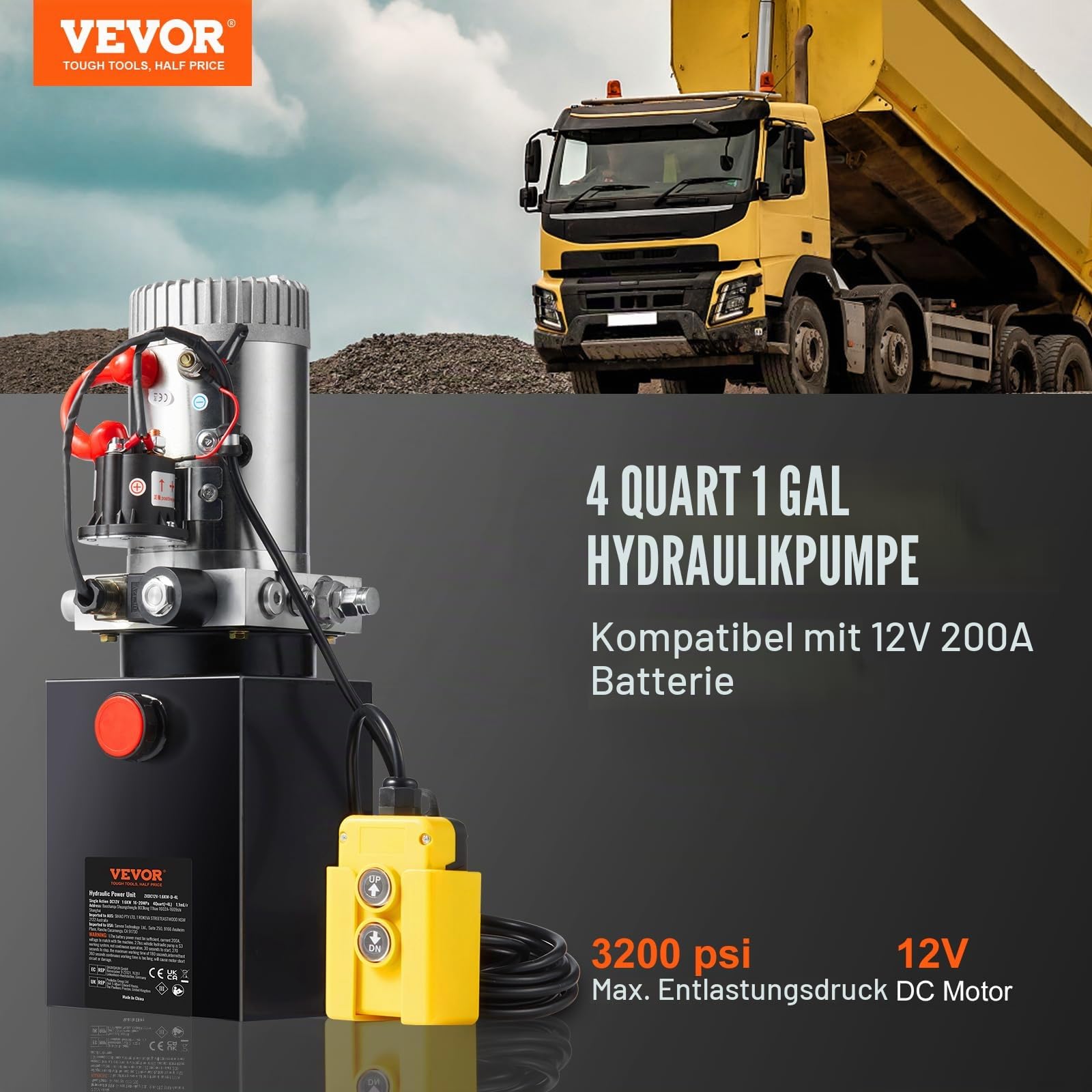 VEVOR Hydraulikpumpe 12V 3,8L 1600W Einfachwirkende Hydraulic Power Pack 1 Gal Tank