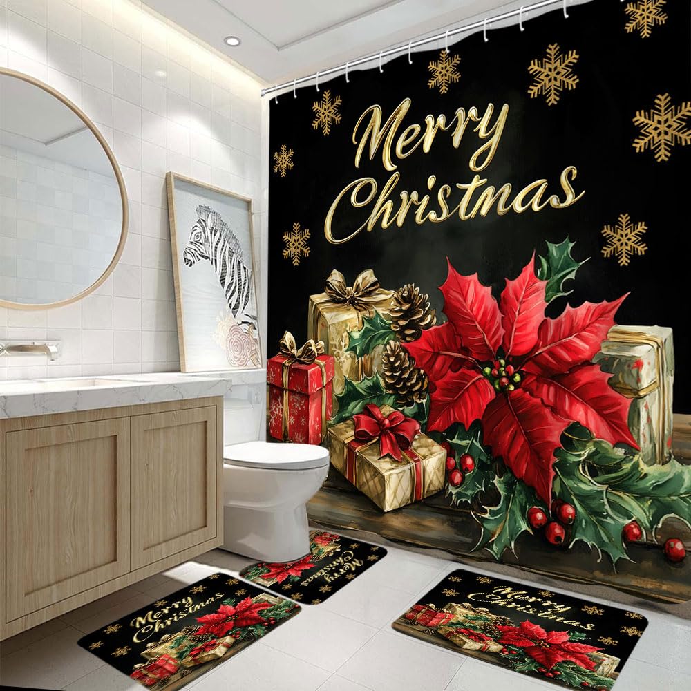 4 Piece Merry Christmas Shower Curtain Set with Rugs,Poinsettia Flower Berry Snowflake Winter Holiday Vintage Xmas Bathroom Shower Curtain with Hooks,