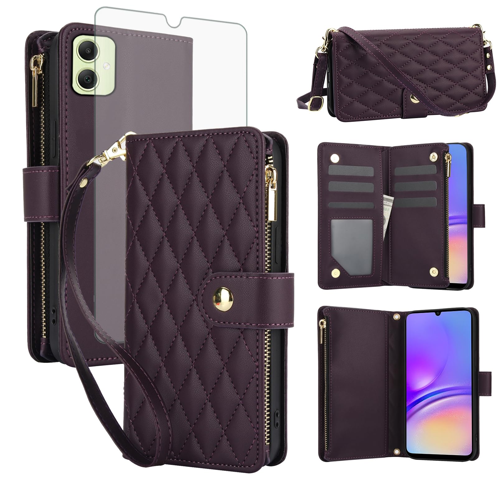 Asuwish Handyhülle für Samsung Galaxy A05s/A05 Hülle mit Band Folie Schutzfolie Kartenfach Klappbar Leder Geldbörse Ständer Ao5s Ao5 A 05s 05 Reißverschluss Hüllen Schutzhülle Phone Case Dunkellila