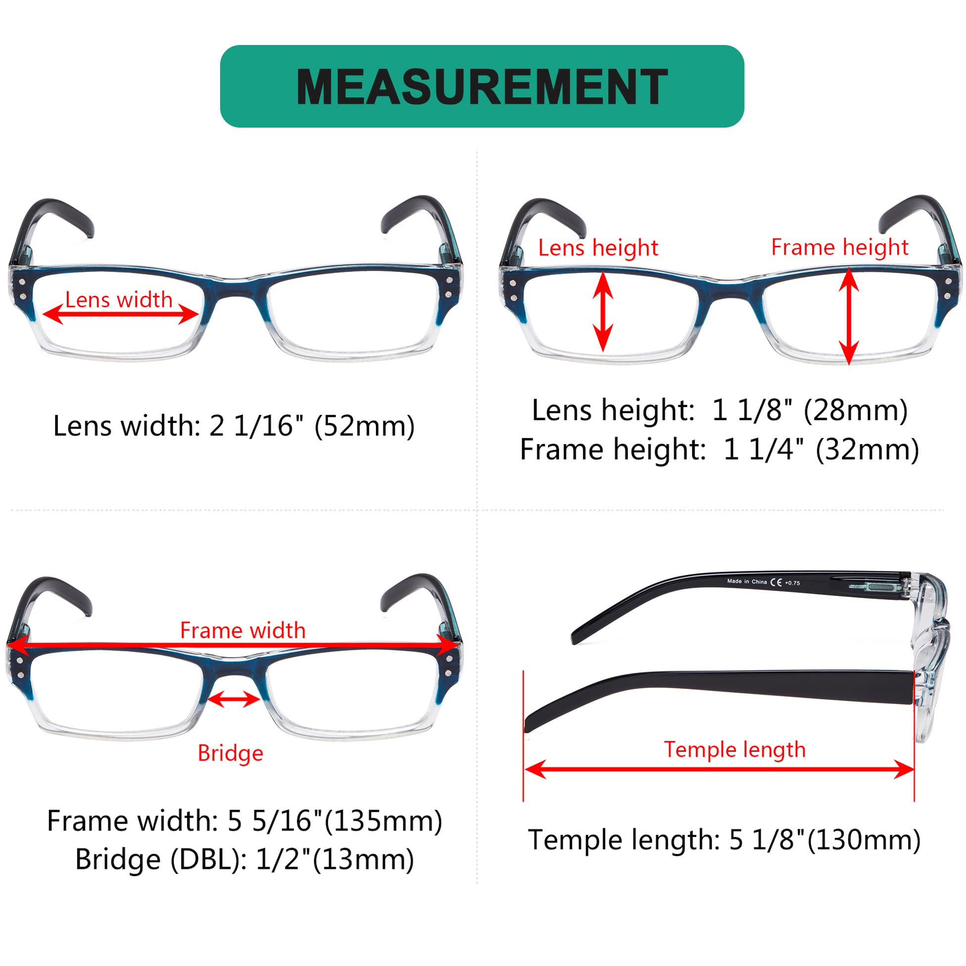 eyekepper 4 Paires Classic Lunettes de Lecture pour Femmes Hommes Rectangulaires avec Charnières à Ressort, Bleu 3.00