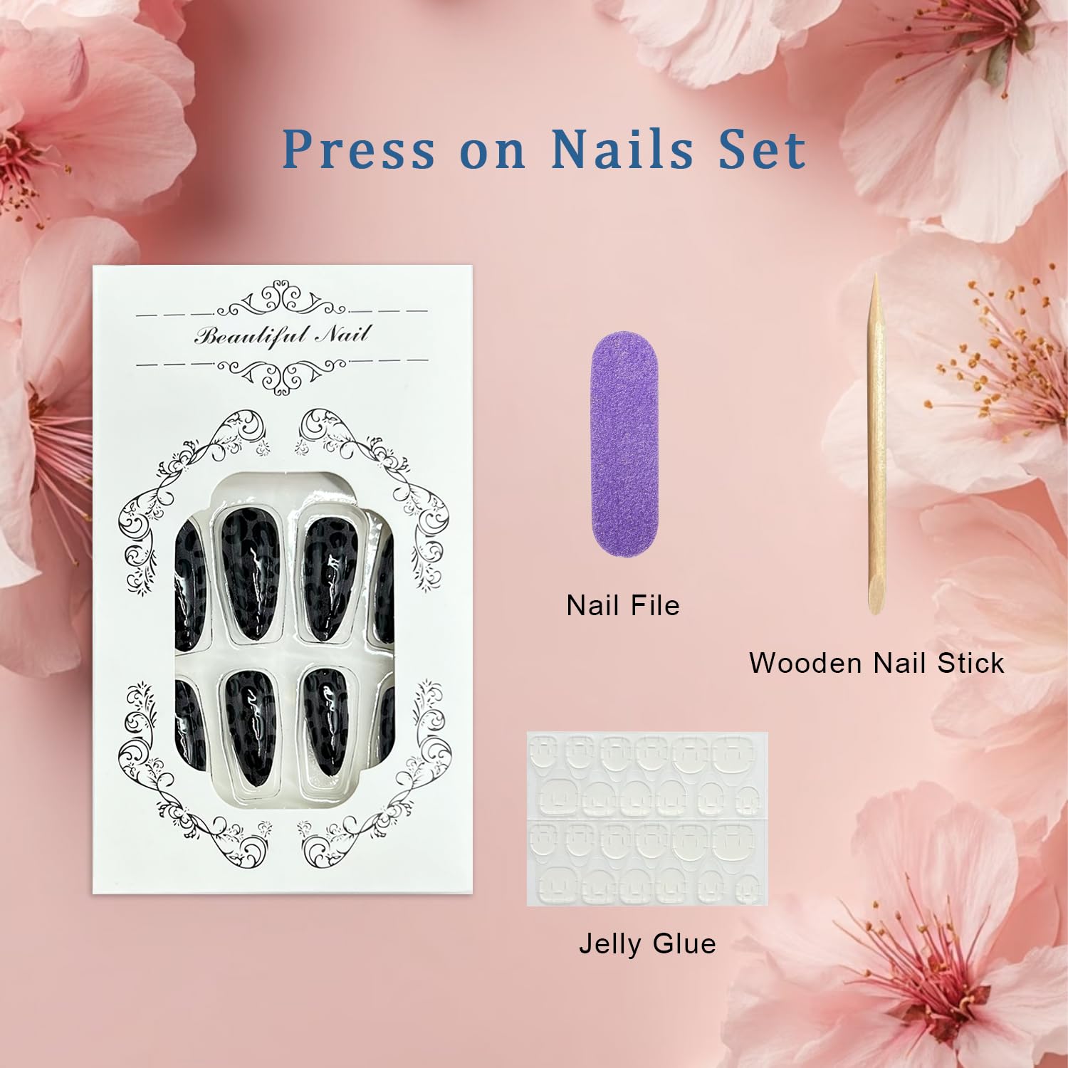 Black Leopard Press on Nails Medium Almond Fake Nails for Women 24Pcs