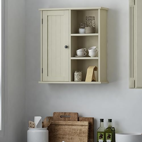 Miniatura 10 de Treocho Armario de pared de baño, botiquín con puerta y 3 estantes abiertos, organizador de almacenamiento montado en la pared para baño, cocina,