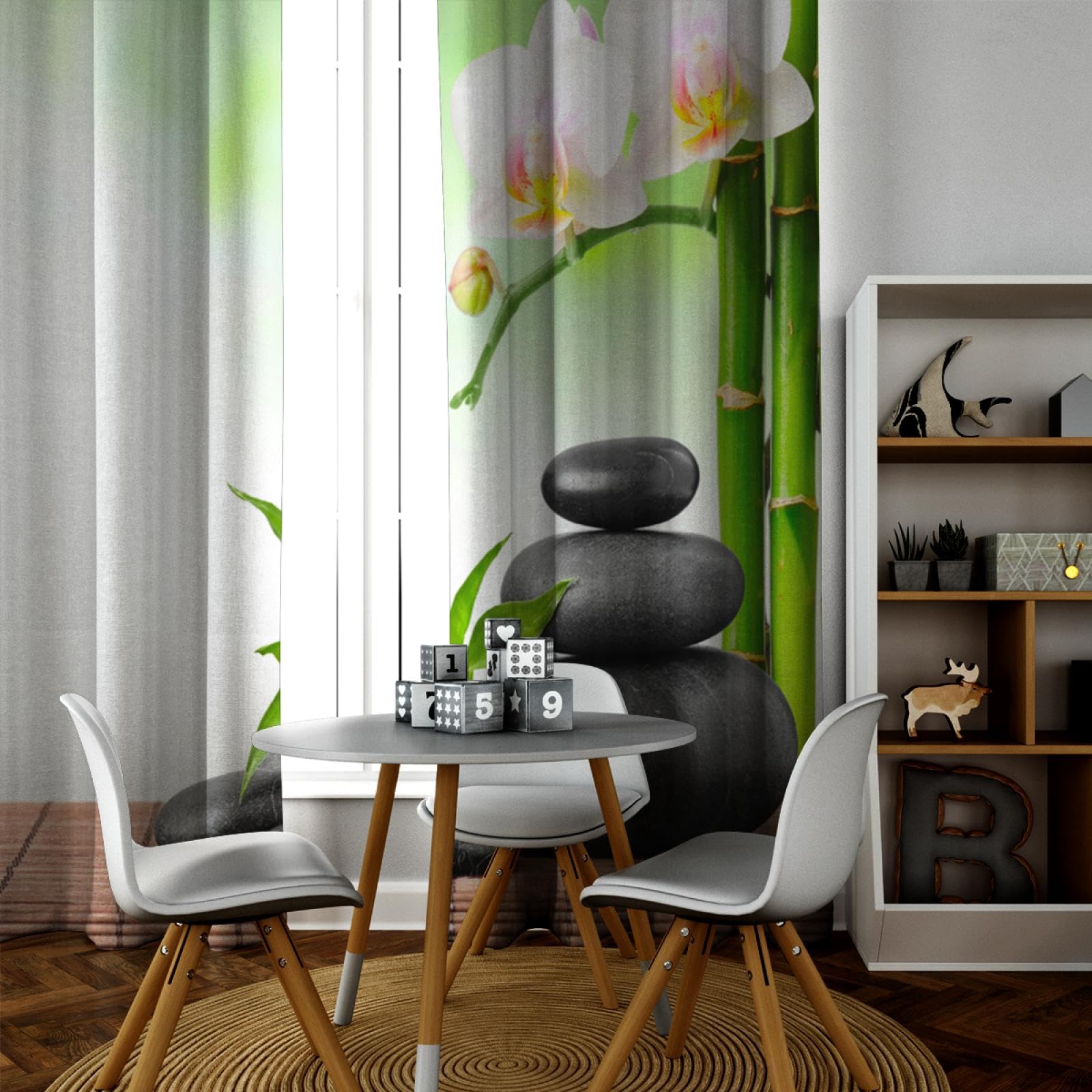Zen kamienne bambusowe zasłony zaciemniające do spa, kwiatowe zasłony do biura, zasłony w stylu chińskim, oszczędność energii, zestaw 2 szt., wys. 210 x szer. 200 cm