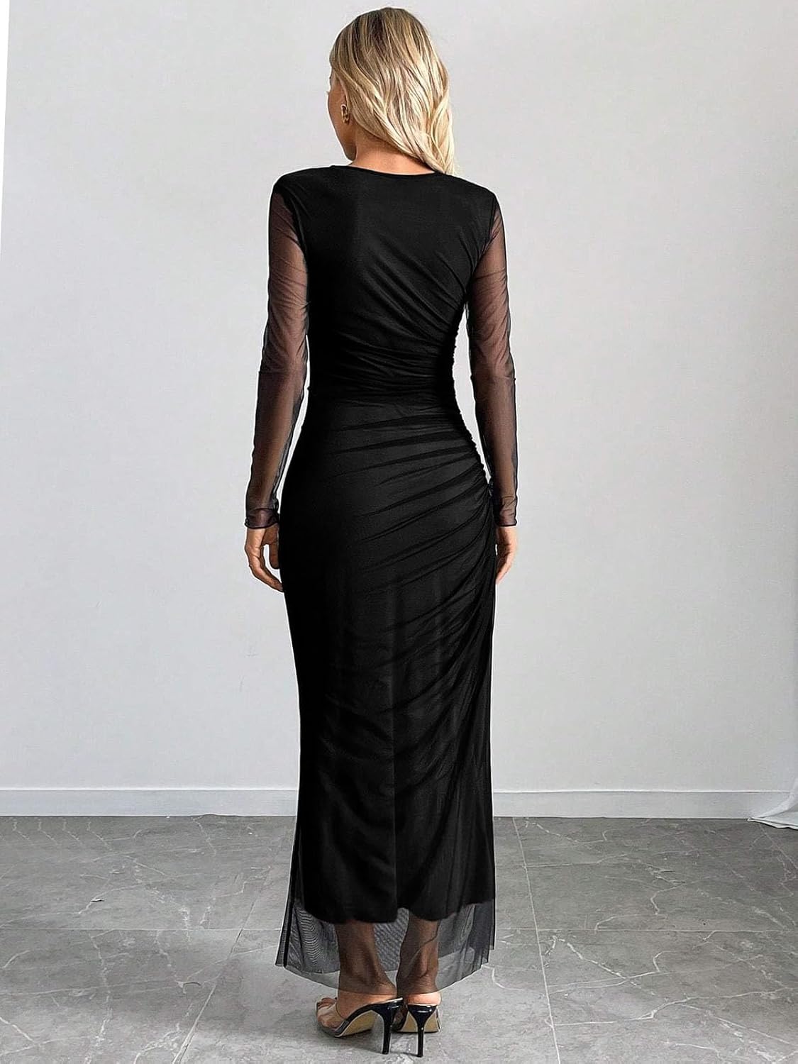 Women's Long Sleeves Maxi Bodycon Dress Tie Dye Ruched Mesh Layer Prom Formal Wedding Elegant Dresses - Image 4