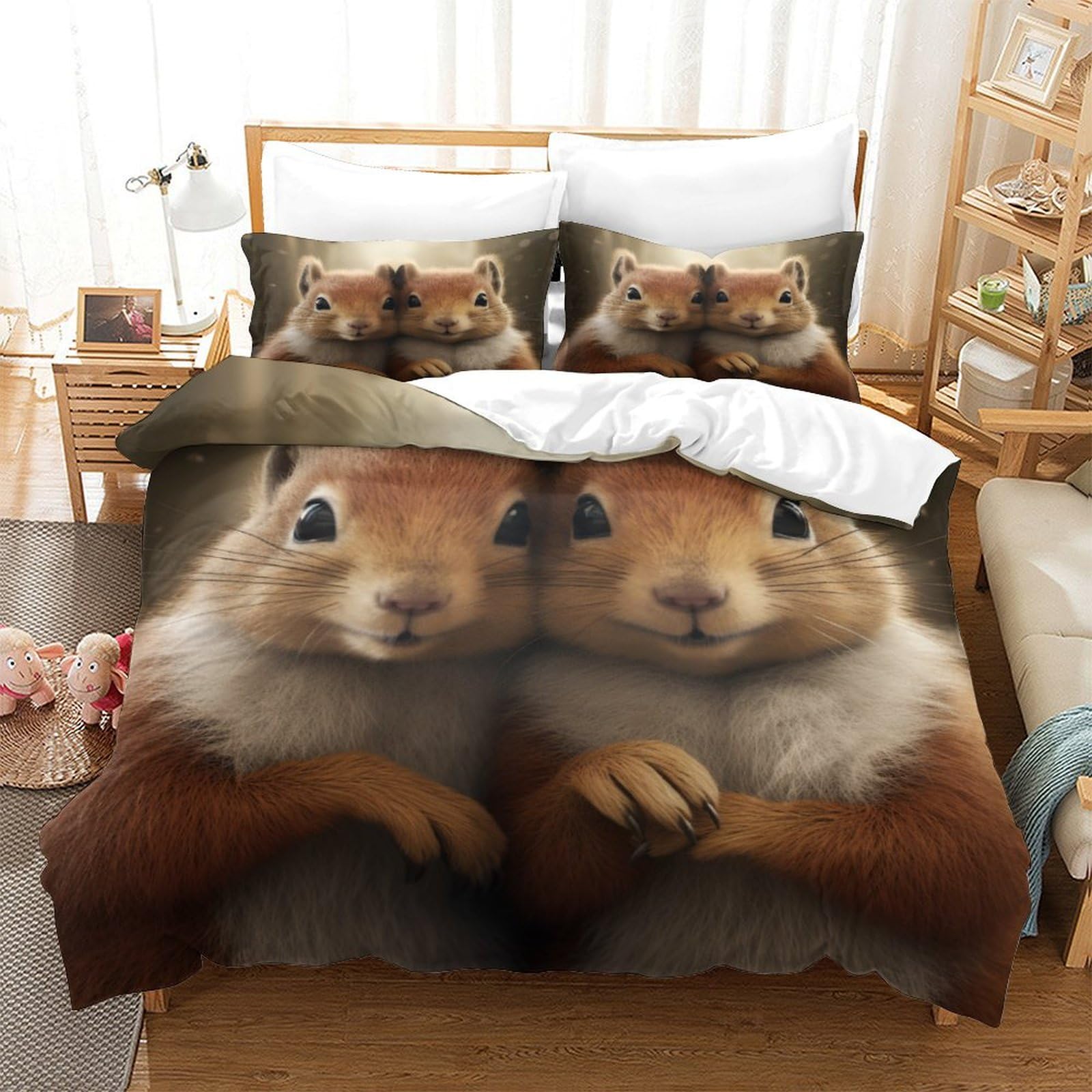 P1S9U7W5Y 3D Printed Cute Squirrel Design 3 Piece Microfiber Duvet Cover Set Animal Bedding Set for Adults Teens Bedroom Decor King（220x240cm）