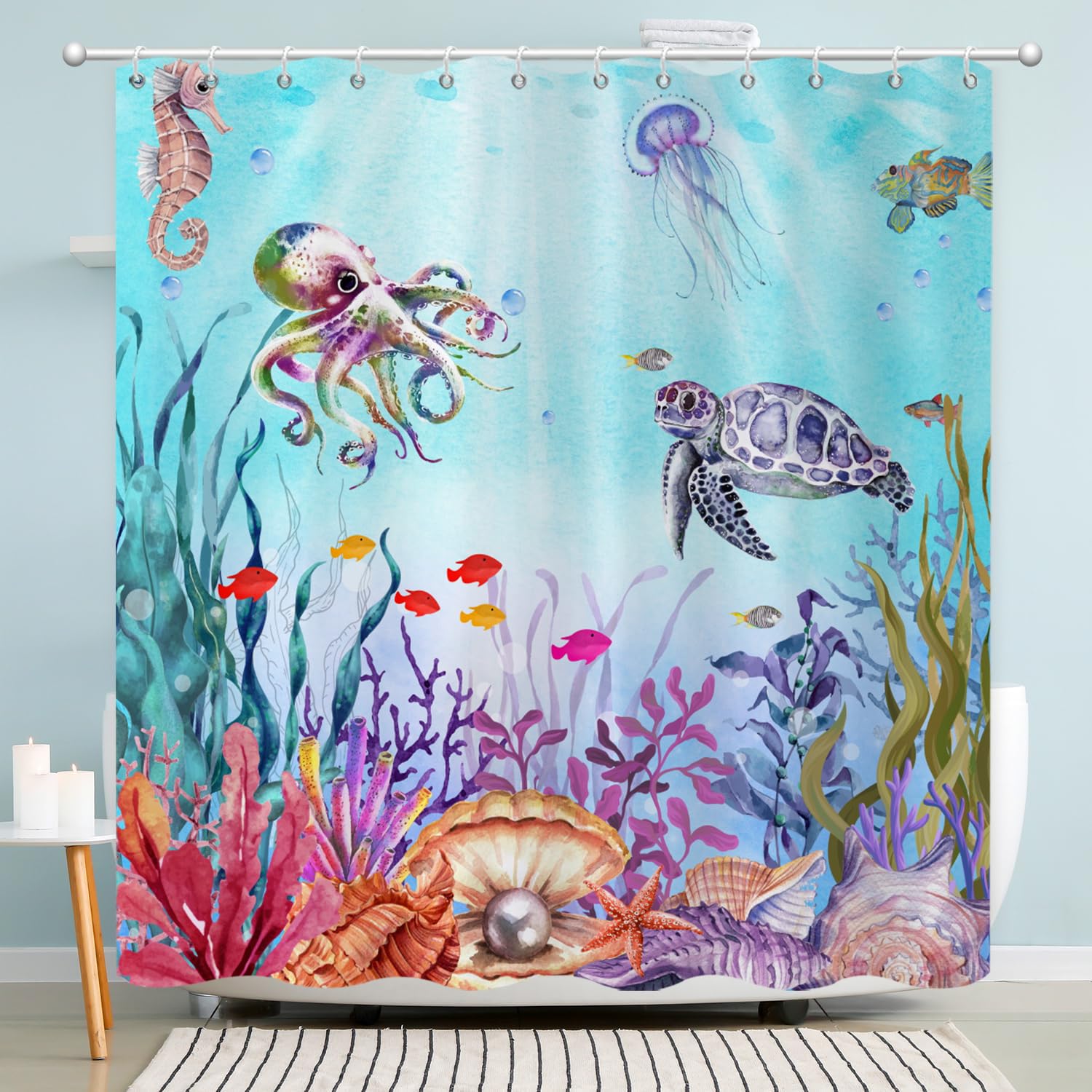Caheansi Teal Sea Turtle Shower Curtain, Watercolor Colorful Sea Turtles Jellyfish Octopus Fish Ocean Beach Coastal Bath Curtain Waterproof Fabric