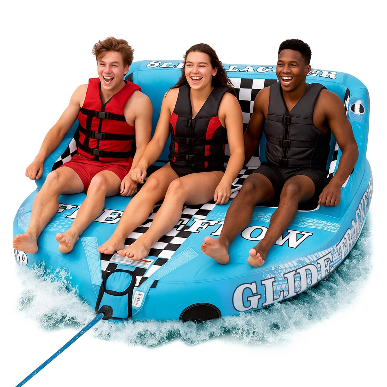 Serenelife Inflatable Towable Tube for Boating – 2-4 Person, 4500 lbs Pulling Capacity, Deck Seats & Backrest, Premium Nylon Cover, Grab Handles, Front/Back Tow Points, Speed Safety Valve