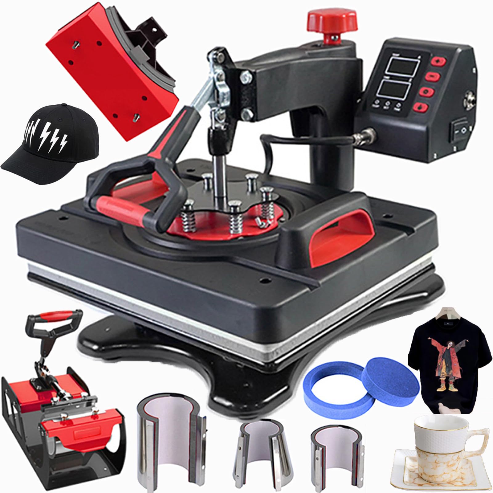 Pressa a caldo per magliette, 8 in 1, controllo digitale, design Swing Away, 29 x 38 cm, con doppio tubo di riscaldamento per progetti di tazze e magliette