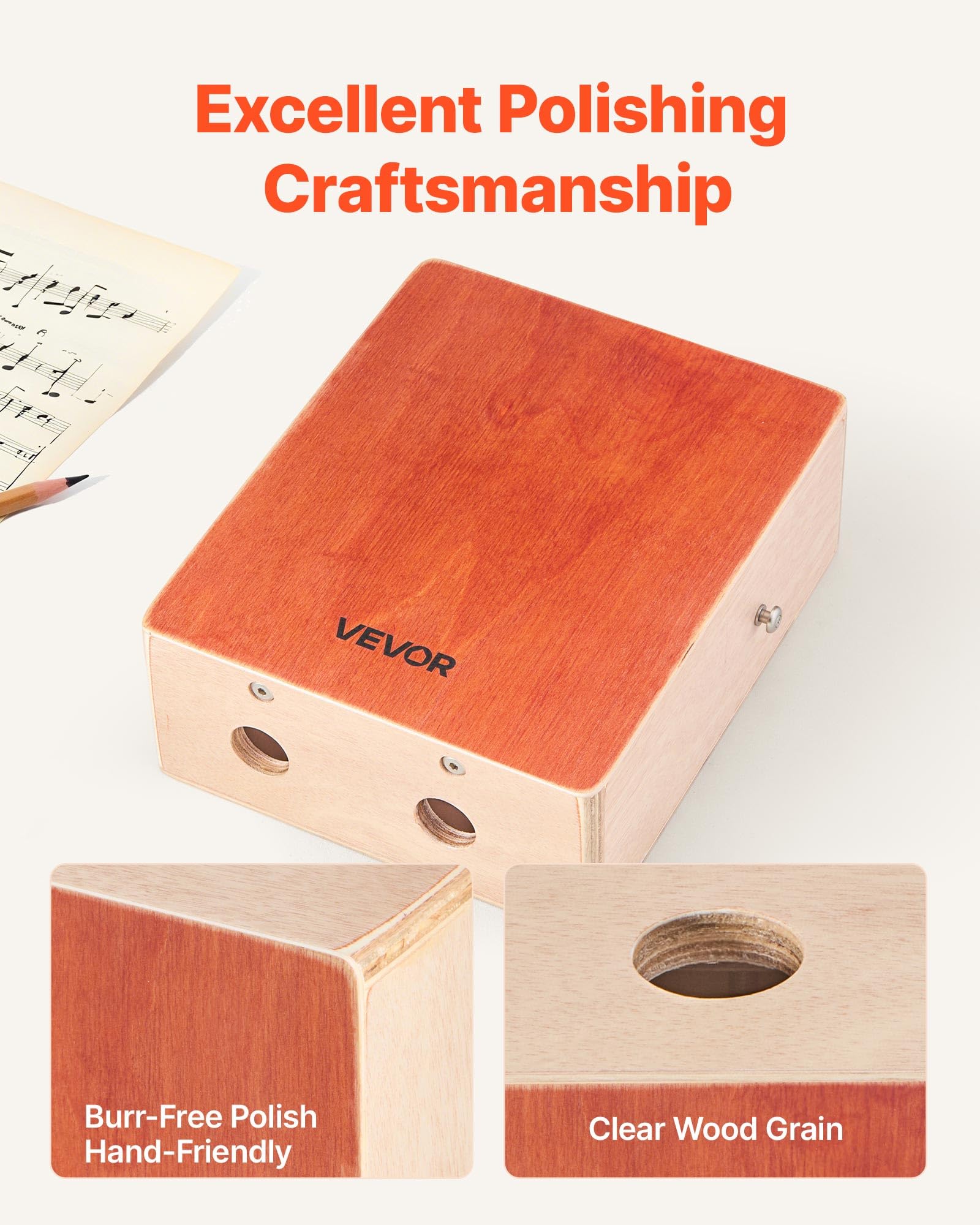 VEVOR Bęben Cajon Box z wewnętrznymi strunami gitarowymi, lekkie, drewniane pudełko perkusyjne, przenośny instrument perkusyjny z torbą podróżną, regulowany pasek, dla początkujących i