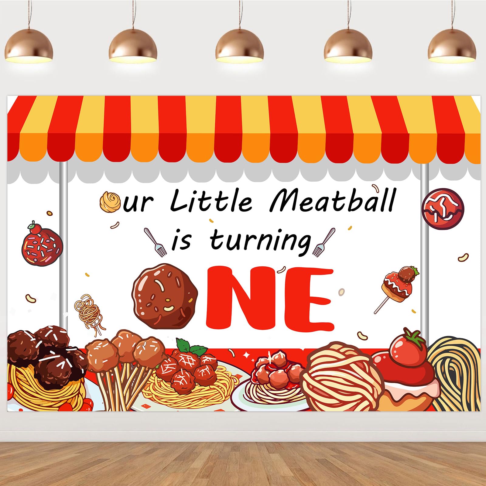 Cheereveal Meatball Theme 1st Birthday Backdrop, 3x5ft Our Little Meatball is Turning One Photography Background for Newborn One Year Old First Bday