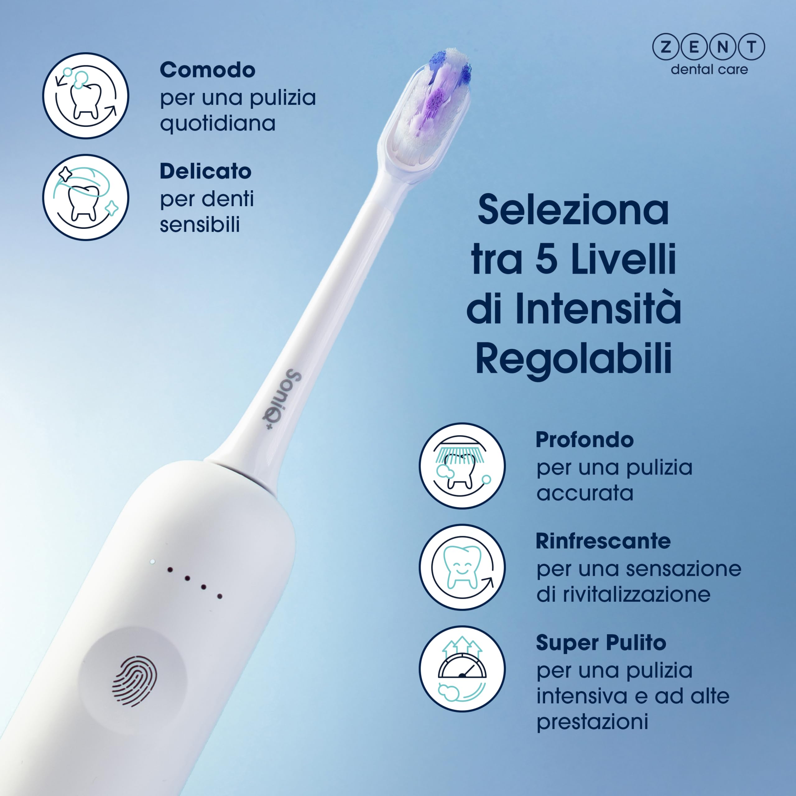 ZENT Spazzolino elettrico sonico 2in1, Spazzolino elettrico oscillante rotante con movimento rotatorio, 5 modalità di funzionamento, per denti sensibili, Impermeabilità IPX7, Caricatore a induzione