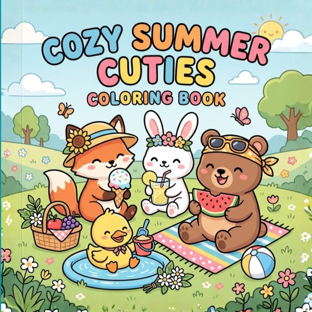 cozy summer cuties coloring book: cozy vibes simple designs for adults and kids, comfy, bold & easy relaxed & comfy scenes ( cute coloring book )