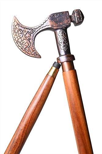 Axe - Bastones vikingos antiguos para hombre, madera roja, dos pliegues, diseño único, mejor para disfraz, bastón de madera para mujeres