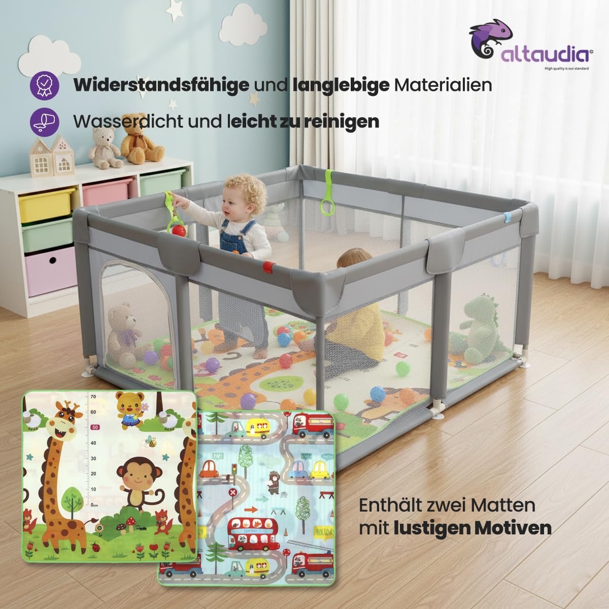 Baby-Laufstall 120 x 120 cm + Baby-Teppich + 50 Bälle + Transporttaschen – Baby-Laufstall mit atmungsaktivem Netz – Lustiger Spielplatz für Babys – Grau