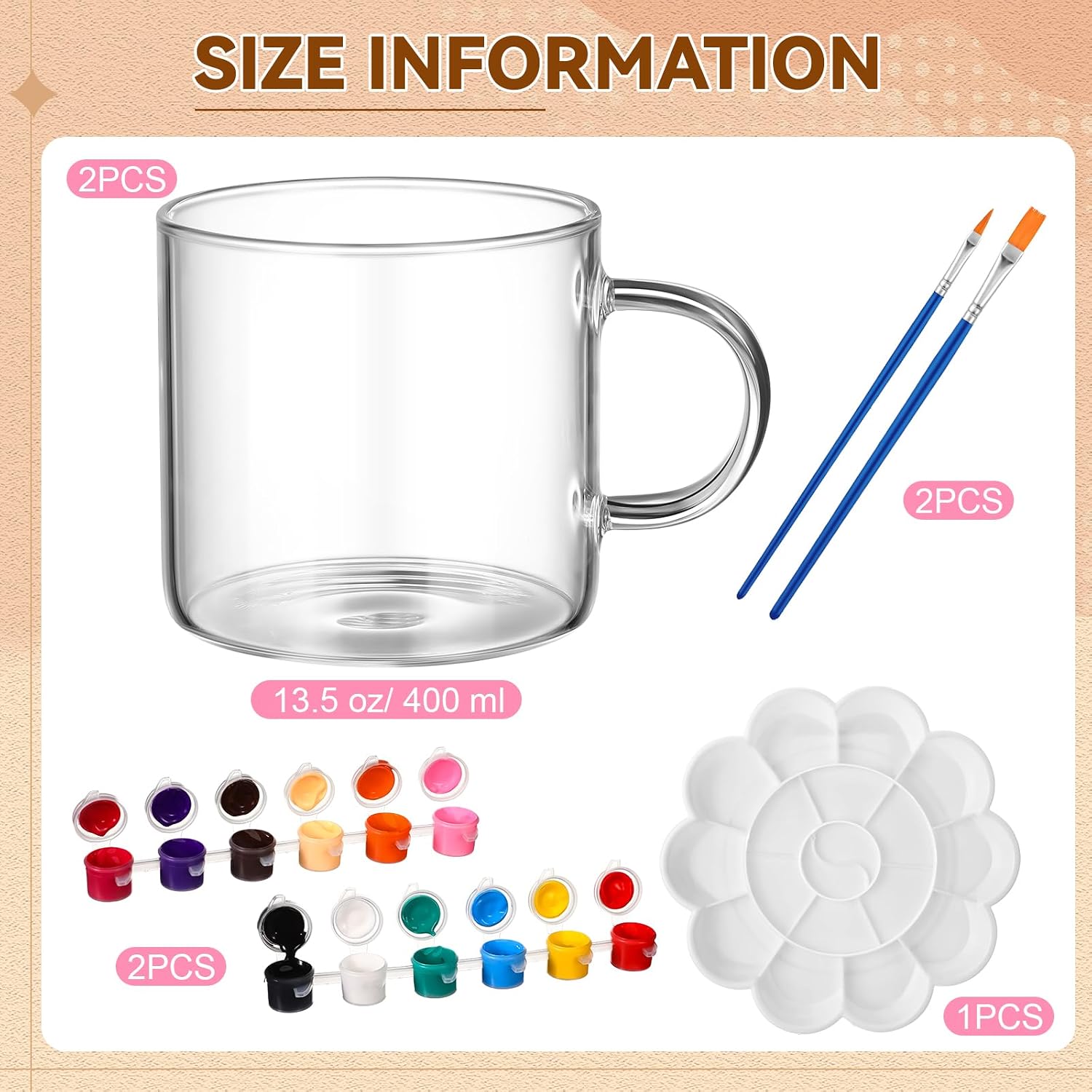Soulchen 7 Pcs Mother's Day DIY Mug Paint Your Own Mug Kit Include 2 Paintable Mugs 2 Paintbrush 2 Acrylic Paints 12 Color and 1 Palette Tray Coffee Clear Glass Cup Decorating Set Craft Project