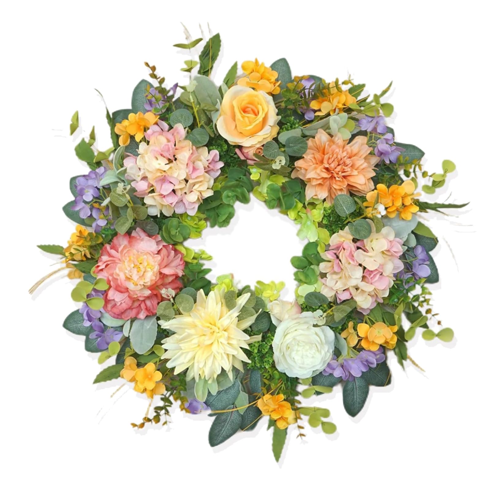 18 Inch Artificial Floral Wreath with Yellow Orange Rose Peony Dahlia Purple Hydrangea & Eucalyptus Greenery, for Front Door, Fireplace, Window, Porch All Season Indoor Outdoor (55CM)