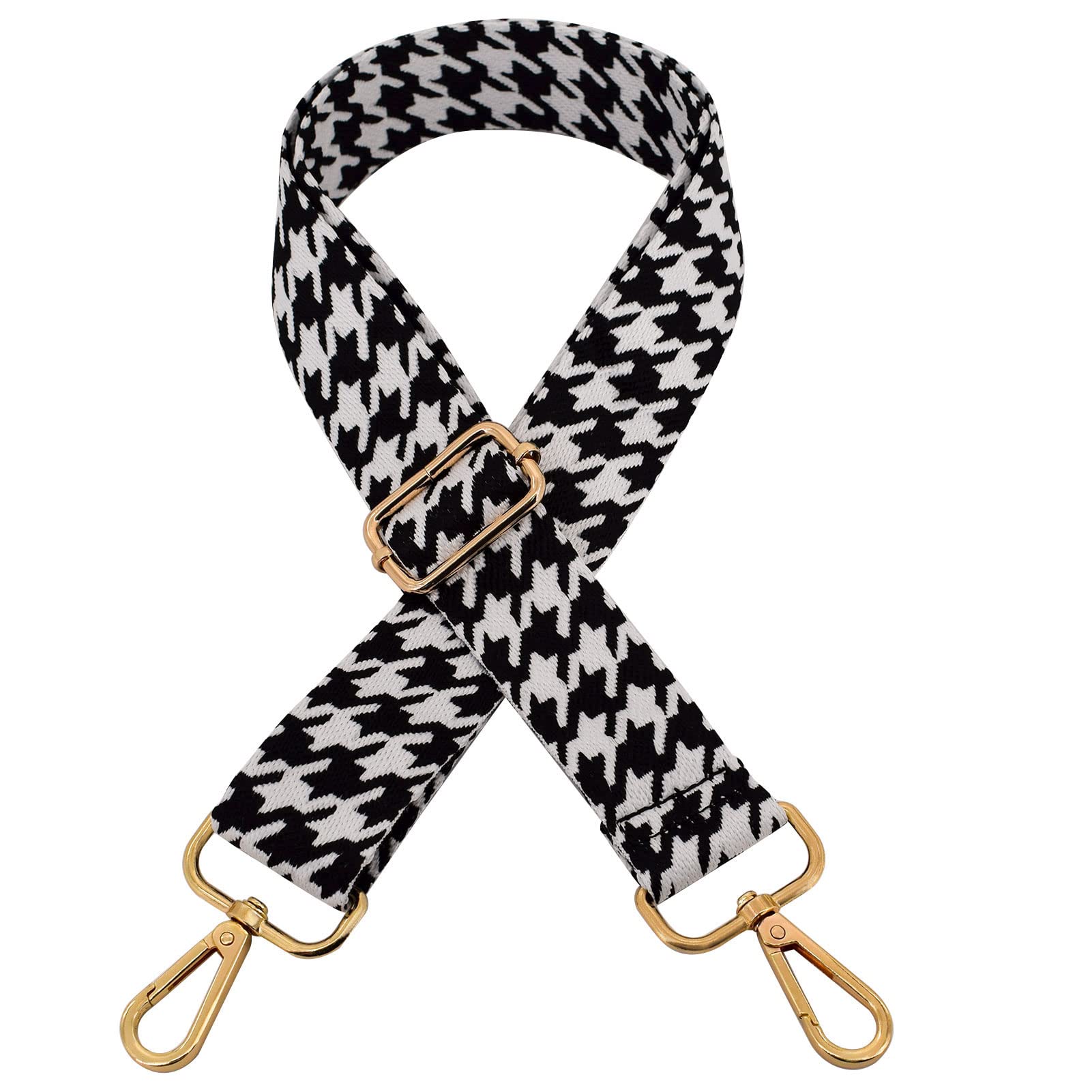 ROYGBCP Purse Strap Shoulder Strap Wide Replacement Crossbody Strap for Women Crossbody Shoulder Bag, Black Houndstooth+gold Metal, Width: 1.5'', Black Houndstooth+gold Metal, Width: 1.5"
