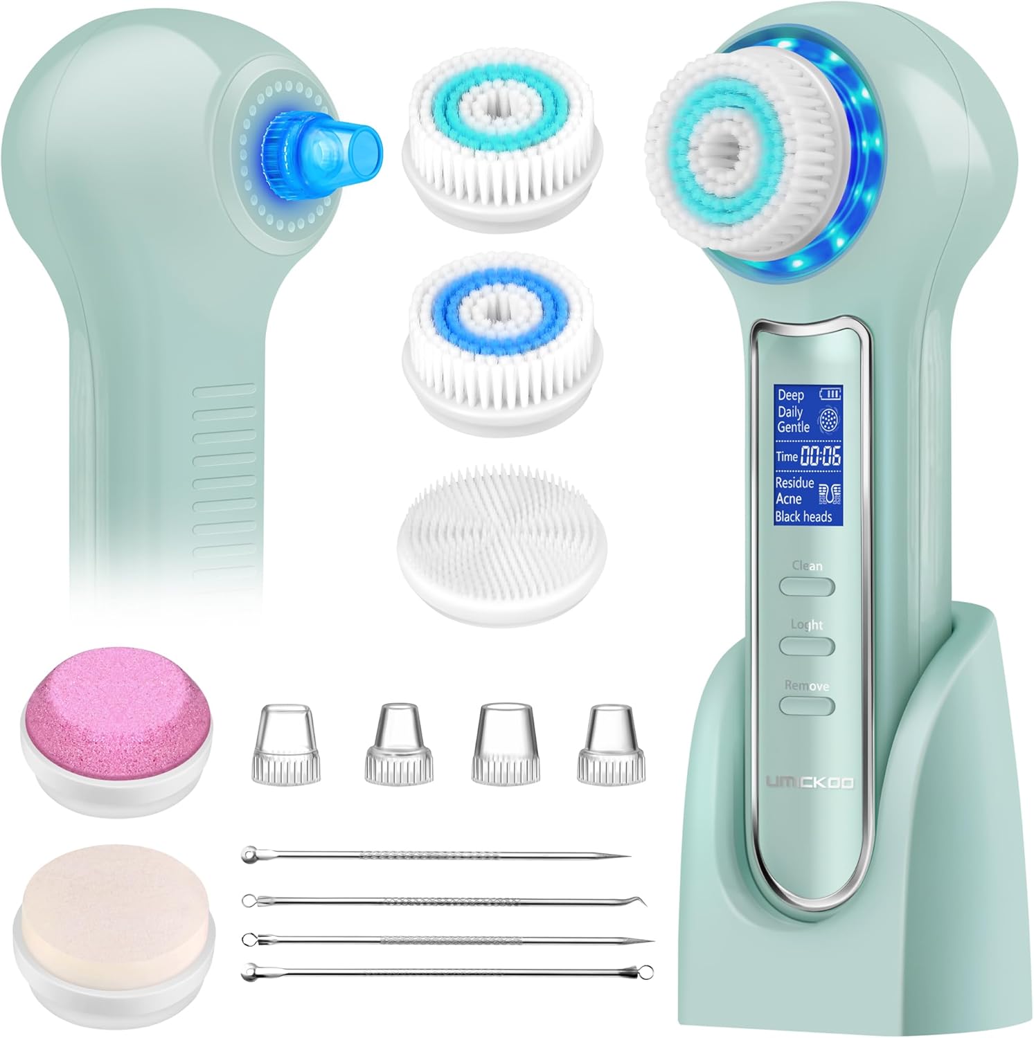 Face Scrubber Exfoliator,Facial Cleansing Brush Waterproof with LCD Screen,Blackhead Remover Vacuum with 5 Brush Heads,Face Spin Brush for Exfoliating (Green) Face Scrubber Exfoliator,Facial Cleansing Brush Waterproof with LCD Screen,Blackhead Remover Vacuum with 5 Brush Heads,Face Spin Brush for Exfoliating (Green)