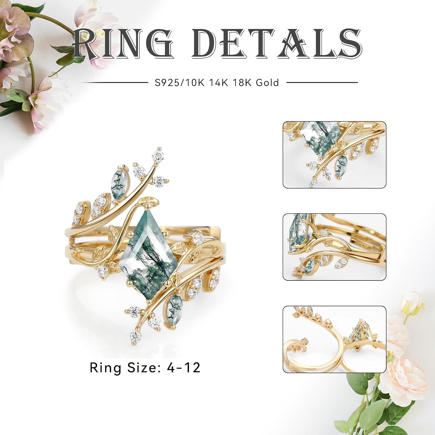 Natural Moss Agate Leafy Vintage Bridal Sets Wedding Rings for Women, 10K 14K 18K Solid Gold Kite-Cut Green Moss Agate and Moissanite Engagement Ring for Women Mother Her Jewelry Gift