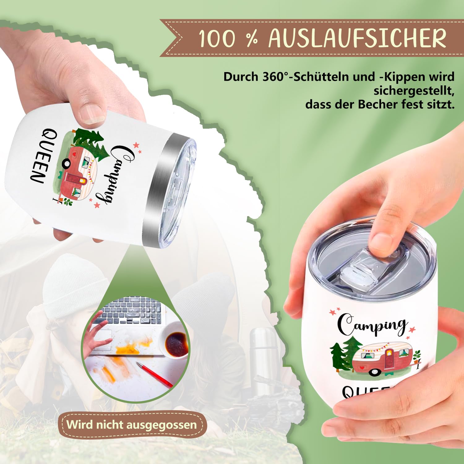 Camping Tasse für Frauen, Camping Queen Kaffeebecher, Camper Geschenke - Weinbecher Edelstahl mit Deckel, Stroh und Strohhalmpinsel, Geschenk für Beste Freundin Schwester Womo-Bewohner