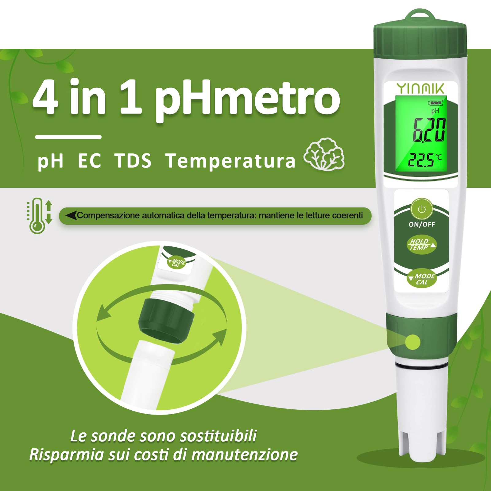 YINMIK Misuratore di pH elettronico Nuovo 2024, Tester pH per piscine, 4 in 1, Conduttimetro, Tester PPM, Misura pH EC TDS e Temperatura per coltura idroponica, Spa, Acqua potabile, Acquario