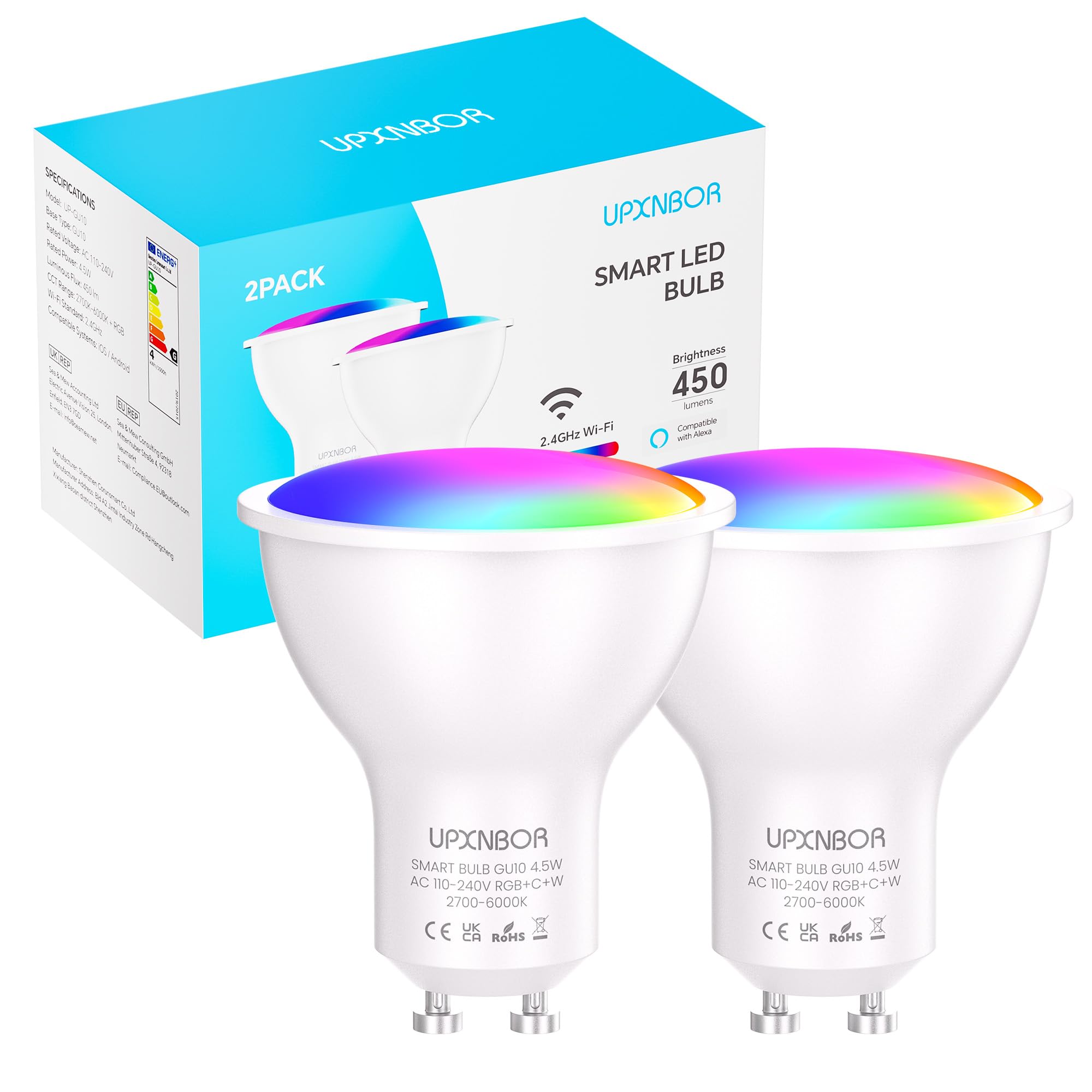 UPXNBOR GU10 Smart Bulb, Alexa Light Bulb, Smart Spotlight Bulb 4.5W, 16 Million Colours, Dimmable RGB, Works with Alexa & Google Assistant, Schedule & Timer, Energy Saving, 2.4GHz Only, 2 Pack