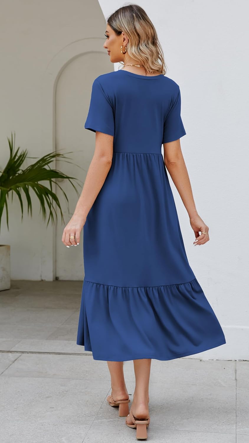 Summer Dresses for Women Flowy Maxi Sundress Short Sleeve Tiered Beach Dress with Pockets 2026 Vacation Travel - Image 4