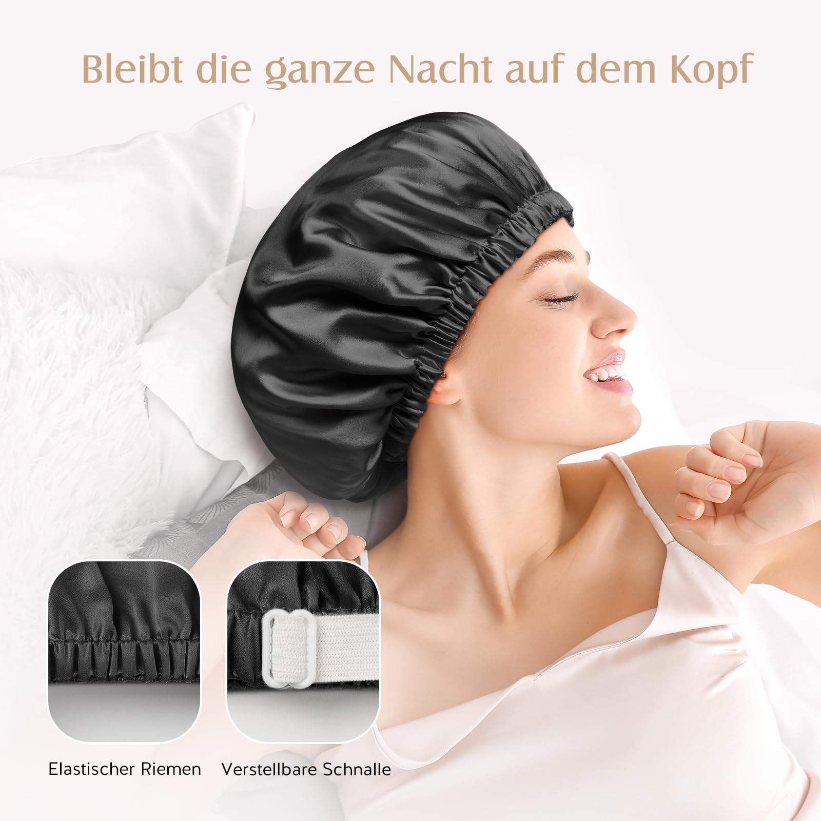 Umisleep Cuffia da Notte in Seta 22 Momme - 100% Gelso - Doppia per Capelli Ricci - Traspirante e Regolabile - Chiusura Elastica (Nero)