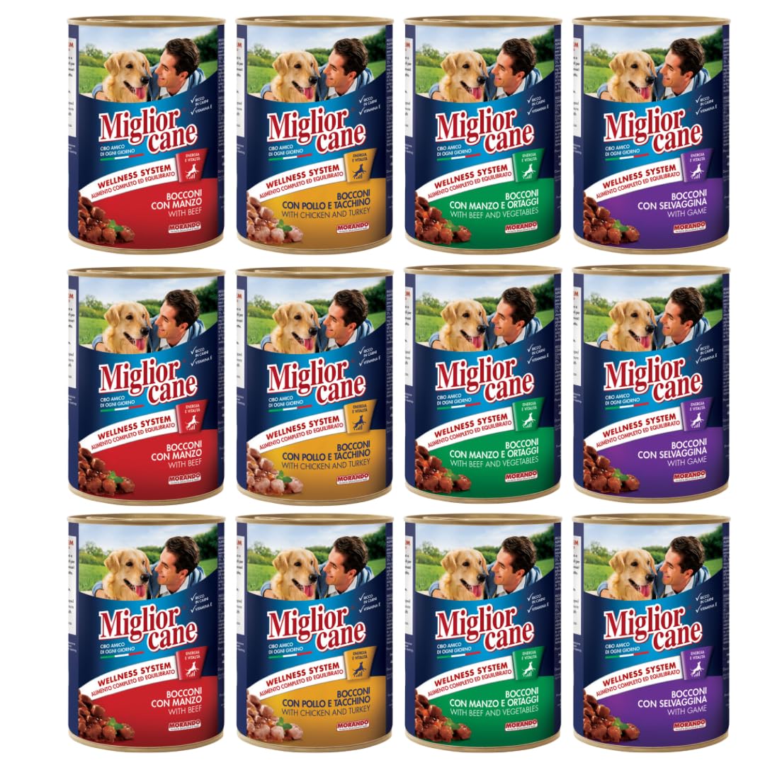 Miglior Cane - Cibo Umido per Cani, 12 Scatolette da 405 grammi, 4 Gusti Assortiti (Pollo/Coniglio, manzo, selvaggina, manzo e ortaggi) Scatolette cani