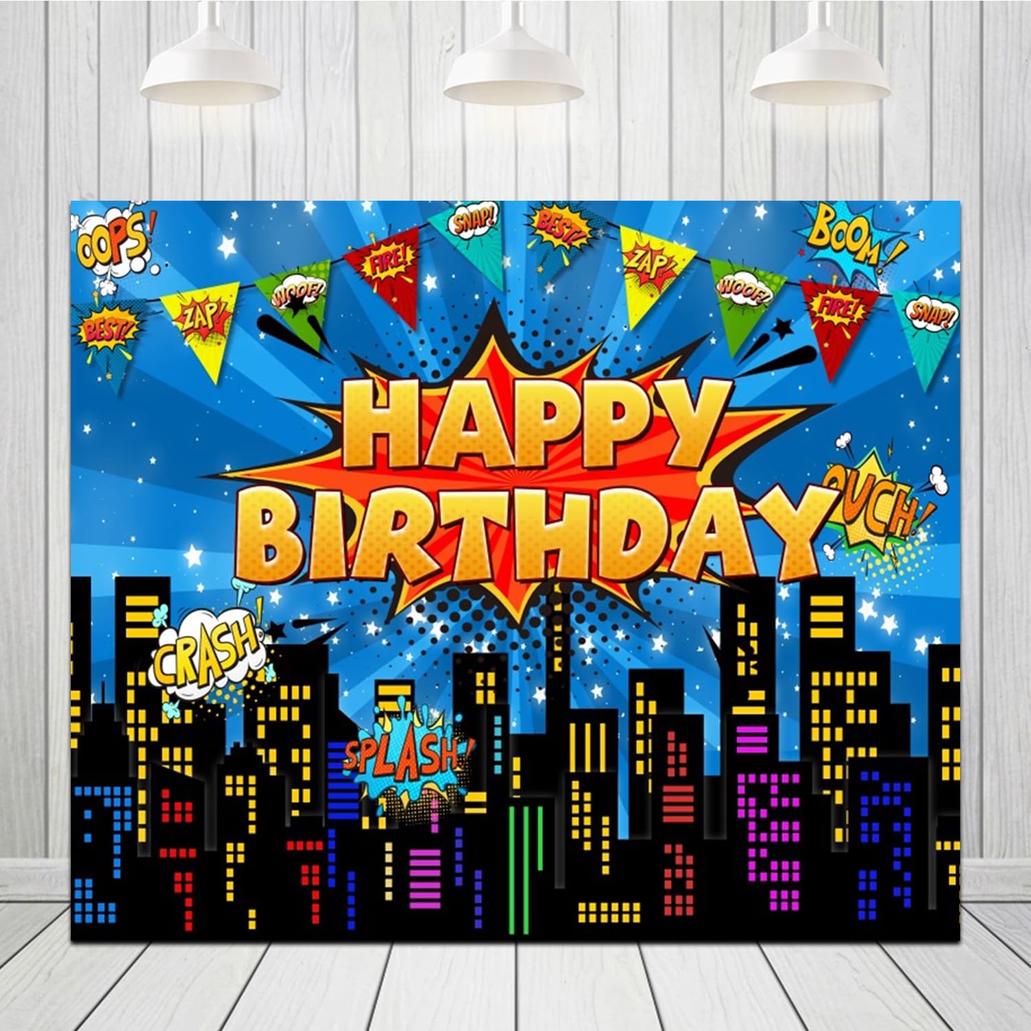 Super City Photography Backdrop 8x6FT Yellow Full Moon Skyline Cityscape Superhero Background City Theme Boys Birthday Party Banner Decorations Photo Props - View #2