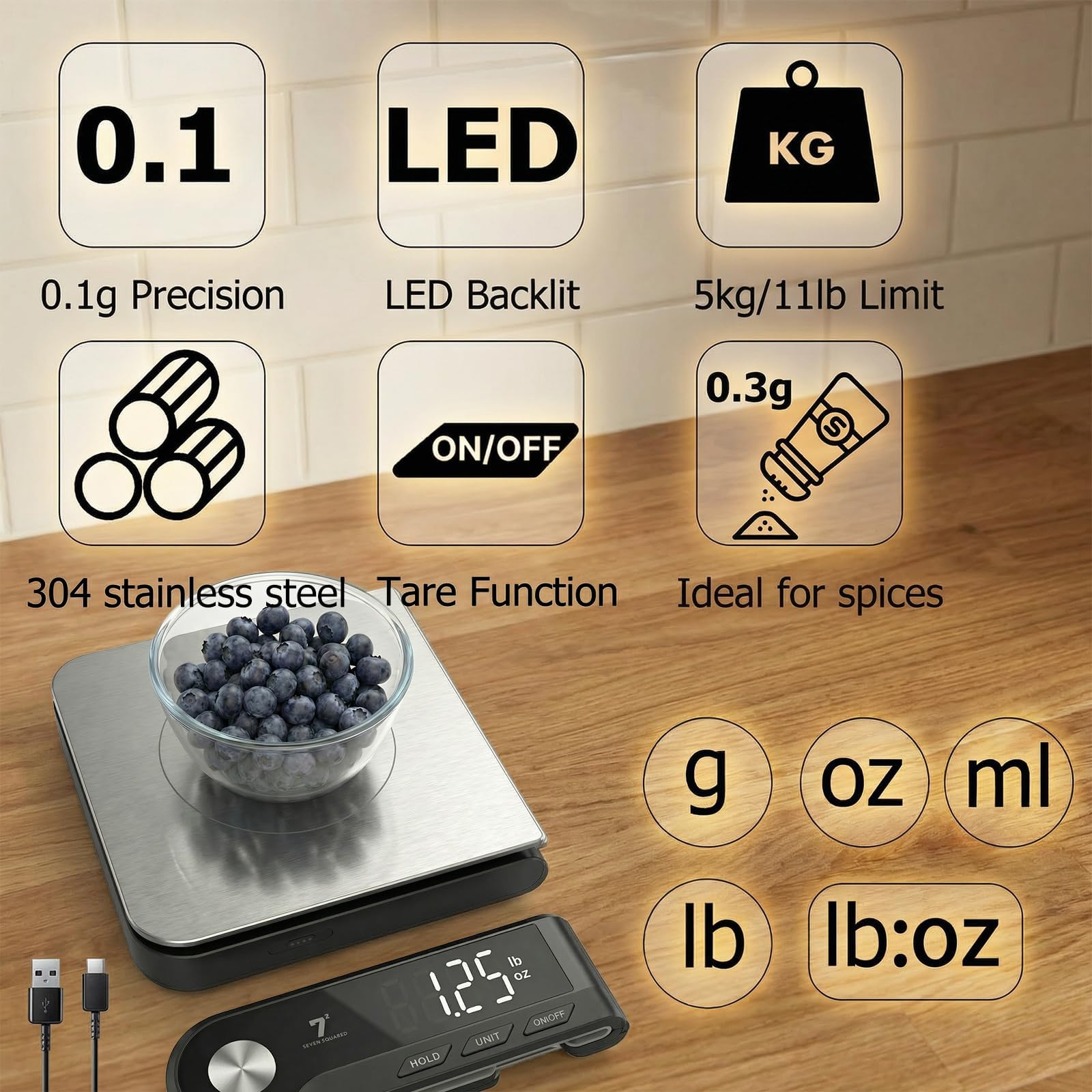 Digitale Küchenwaage mit zwei Funktionen, abnehmbarer LED-Anzeige und integriertem Thermometer, 5 kg, hochpräzise 0,1 g, Edelstahl-Lebensmittelwaage zum Kochen und Backen, Tara-Funktion, 5 Einheiten