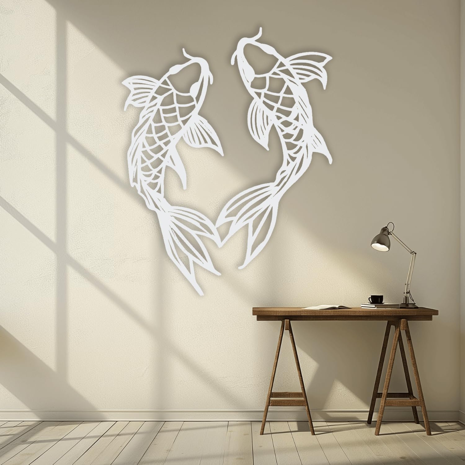 Sculpture de salon poissons koi en métal argenté idée cadeau design