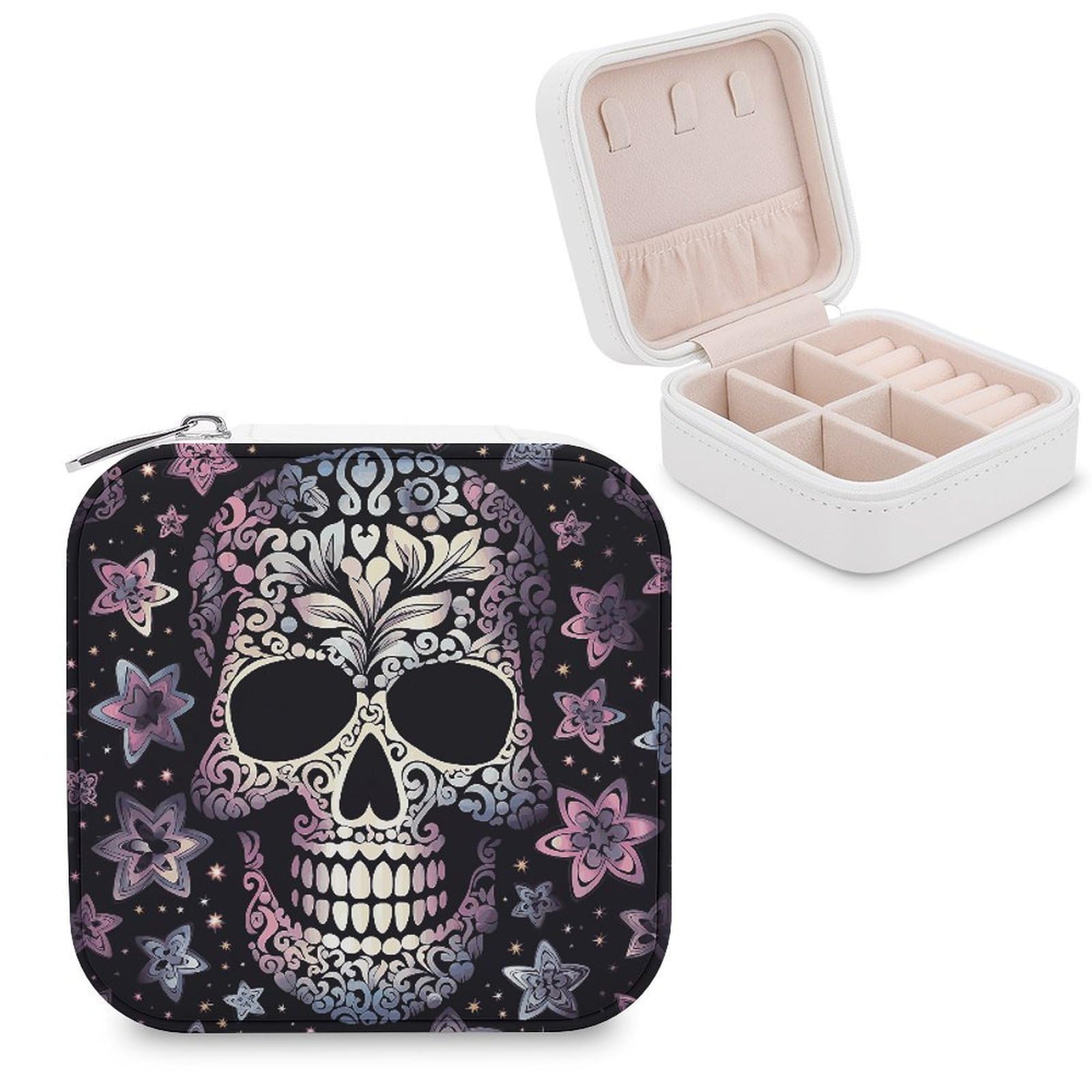 MUSM Cool Skull Travel Jewelry Case Personalized PU Leather Jewelry Boxes for Women Small Portable Jewelry Organizer Box Cute Trinket Box for Necklaces Rings Earrings & Gifts