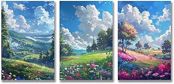 Amazon.co.jp: 3枚 青い空と白い雲の下の荒野の花畑の風景 絵画