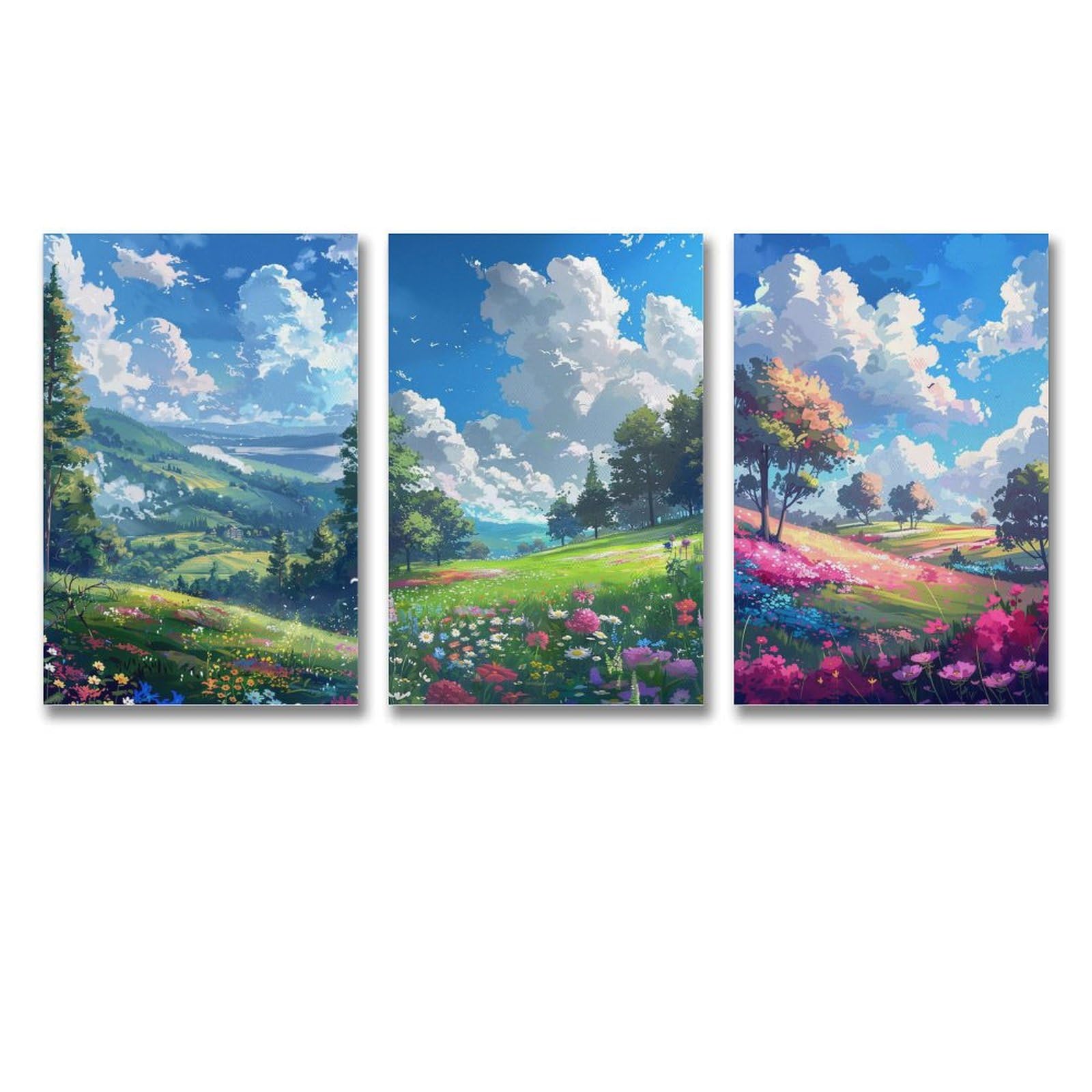 Amazon.co.jp: 3枚 青い空と白い雲の下の荒野の花畑の風景 絵画