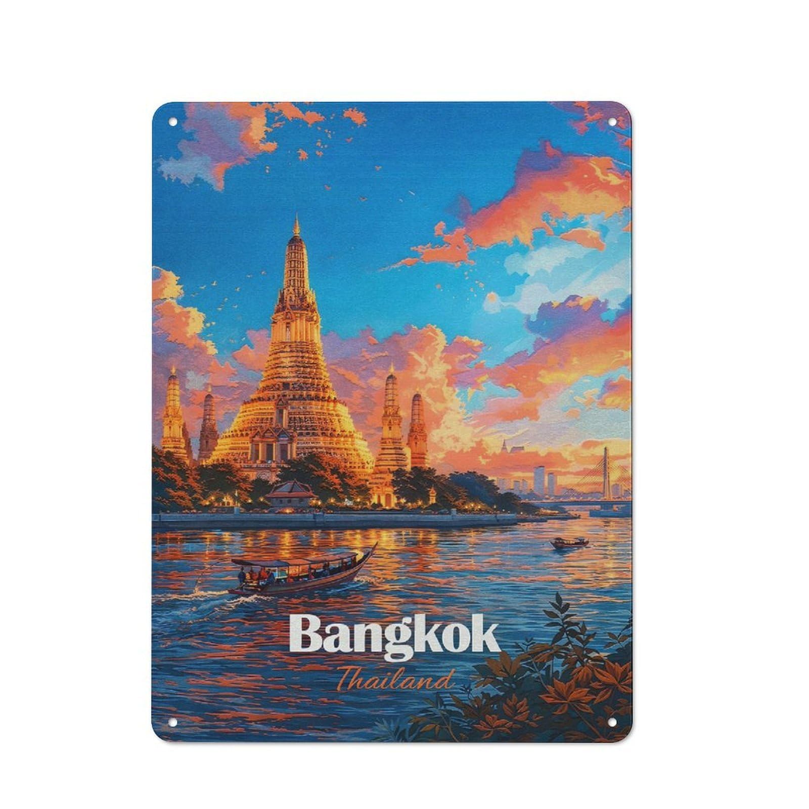 Junmoney Style Garage Bangkok Thailand Wat Arun Sunset(2) Retro Metal Sign 40X30cm, Workshop Wall Decor For Workshop, Basement, Shed Or Games Room