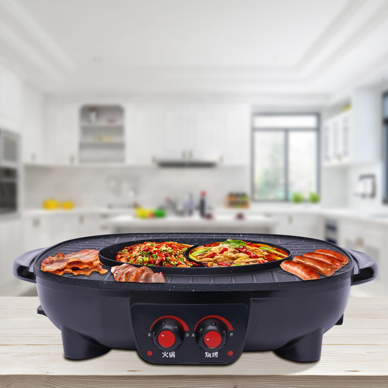 Food Party Electric Hot Pot and Grill Pentola elettrica Hotpot 220 V 2200 W Grill elettrico 2 in 1, con piastra di cottura rimovibile per interni coreani BBQ Thai Barbecue Fonduta Raclette Hot Pot e